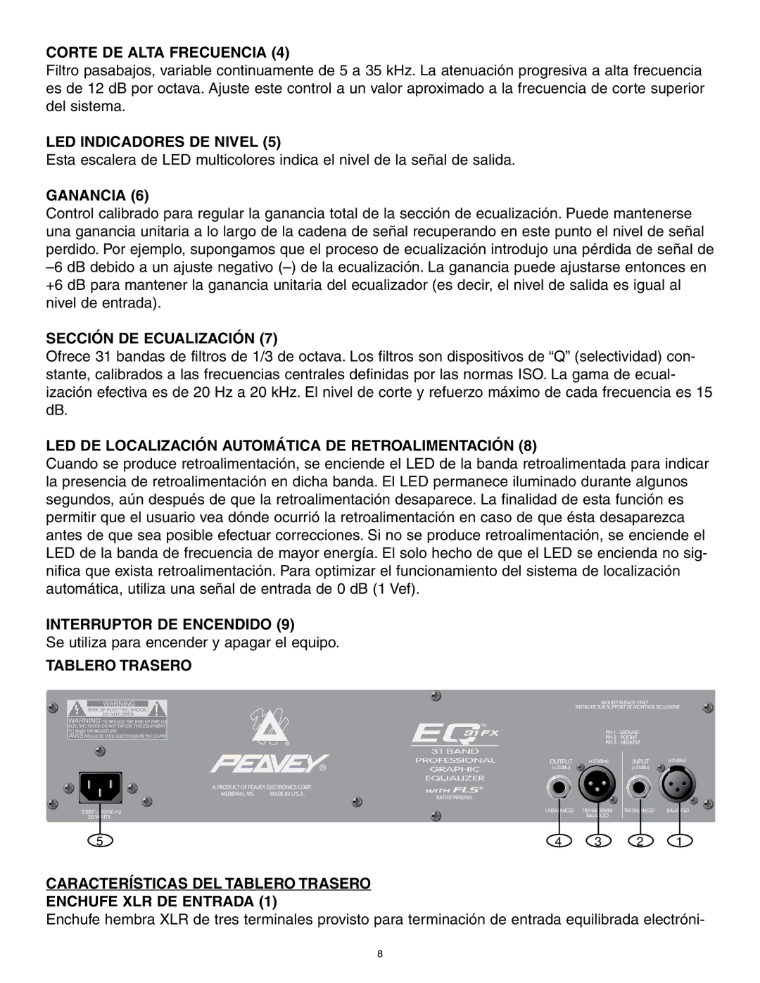 Peavey 31FX owner manual Corte DE Alta Frecuencia, LED Indicadores DE Nivel, Ganancia, Sección DE Ecualización 