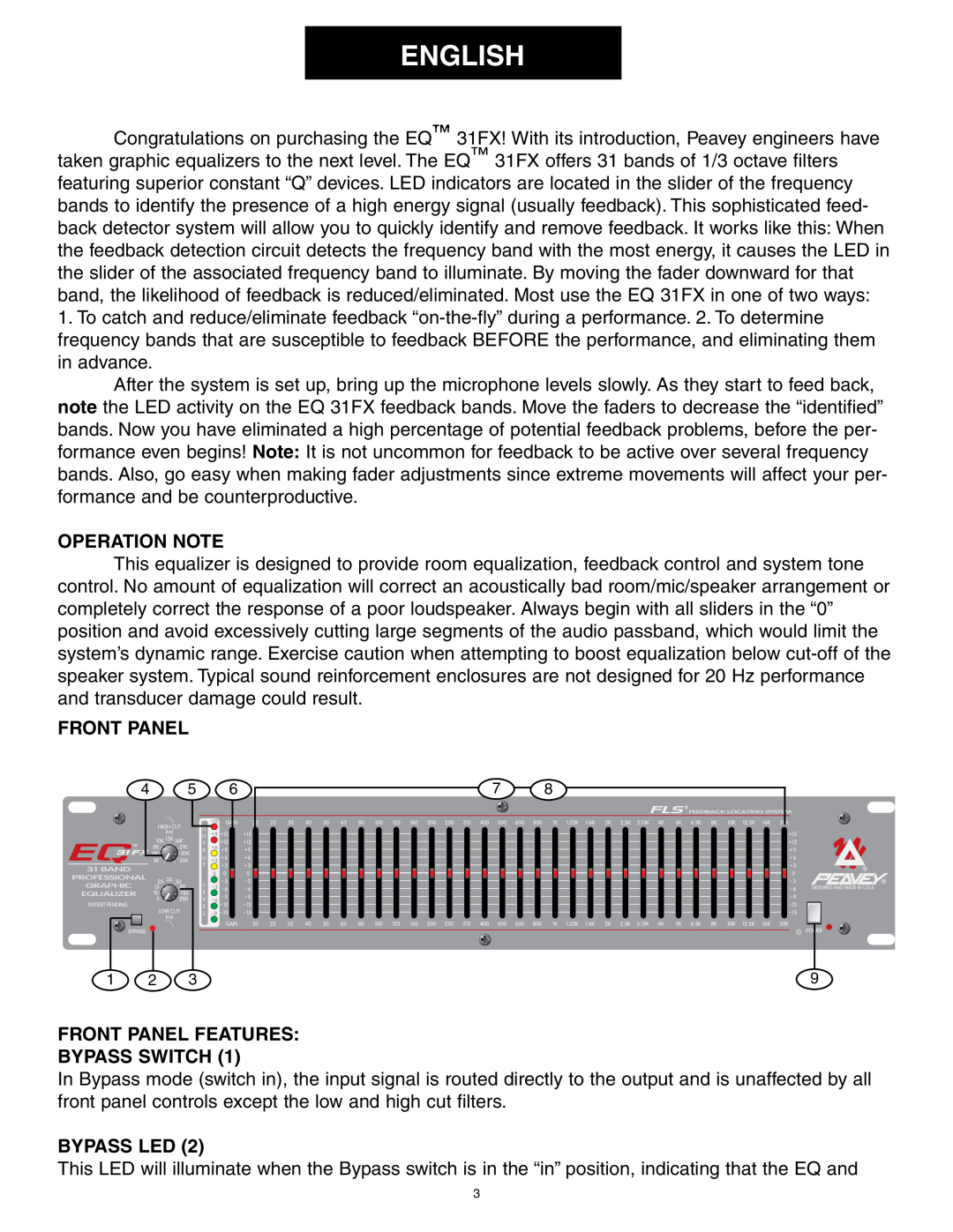 Peavey 31FX owner manual English, Operation Note, Front Panel Features Bypass Switch, Bypass Led 