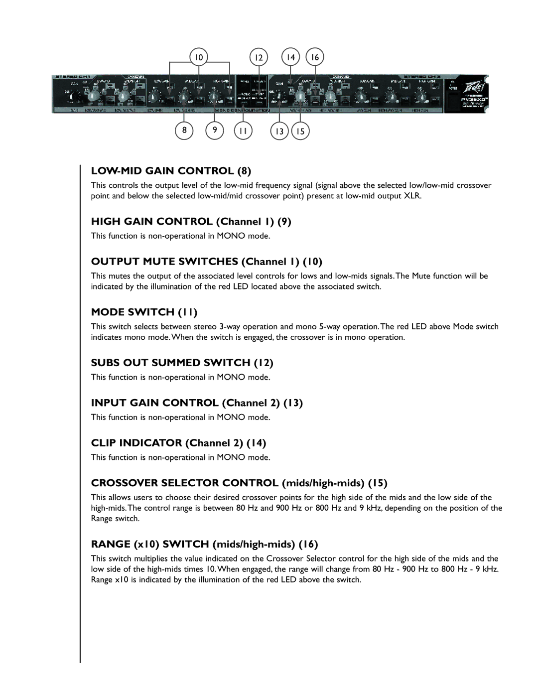 Peavey 35XO manual LOW-MID Gain Control, Crossover Selector Control mids/high-mids, Range x10 Switch mids/high-mids 