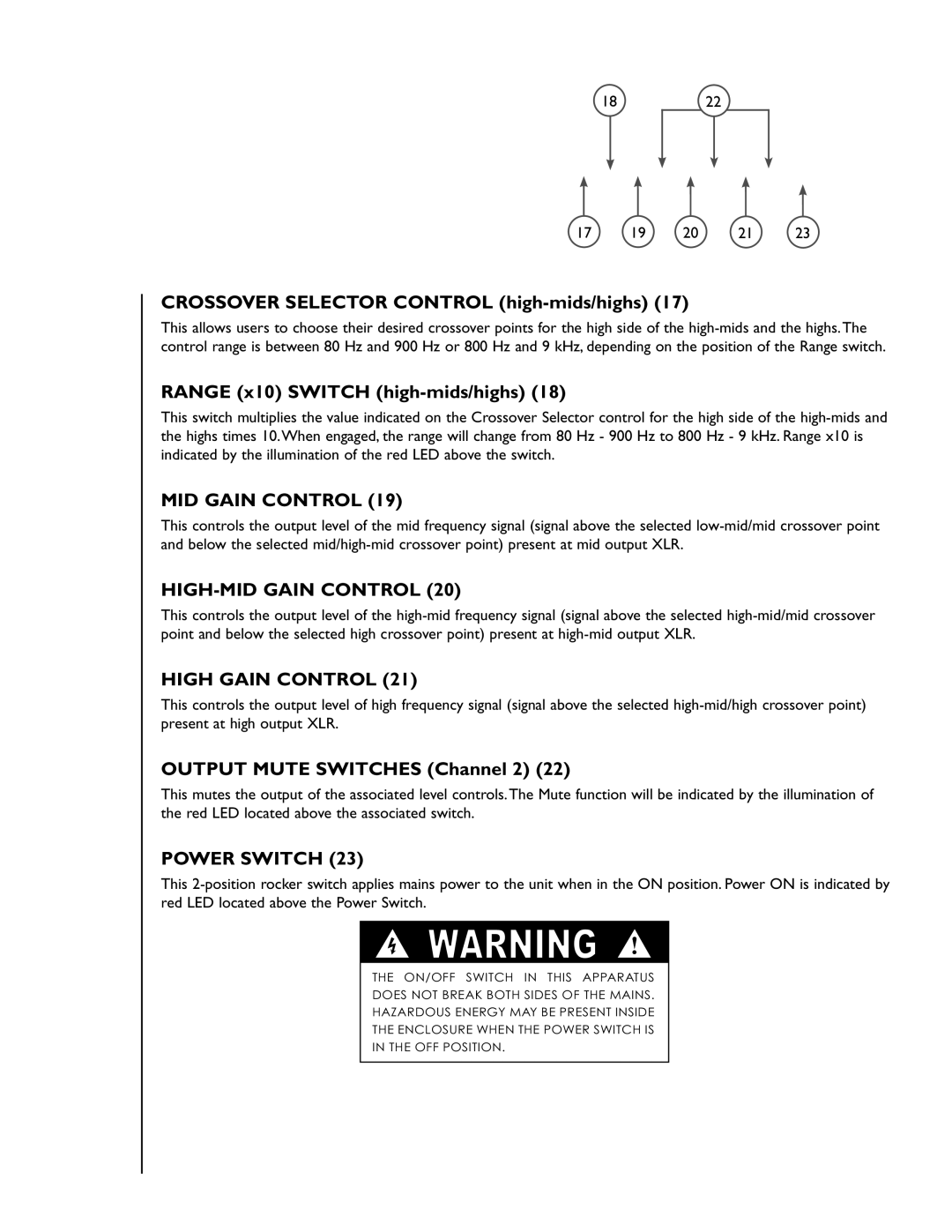 Peavey 35XO manual Crossover Selector Control high-mids/highs, Range x10 Switch high-mids/highs, MID Gain Control 