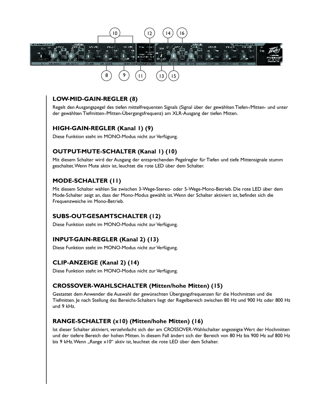 Peavey 35XO manual Low-Mid-Gain-Regler, CROSSOVER-WAHLSCHALTER Mitten/hohe Mitten, RANGE-SCHALTER x10 Mitten/hohe Mitten 