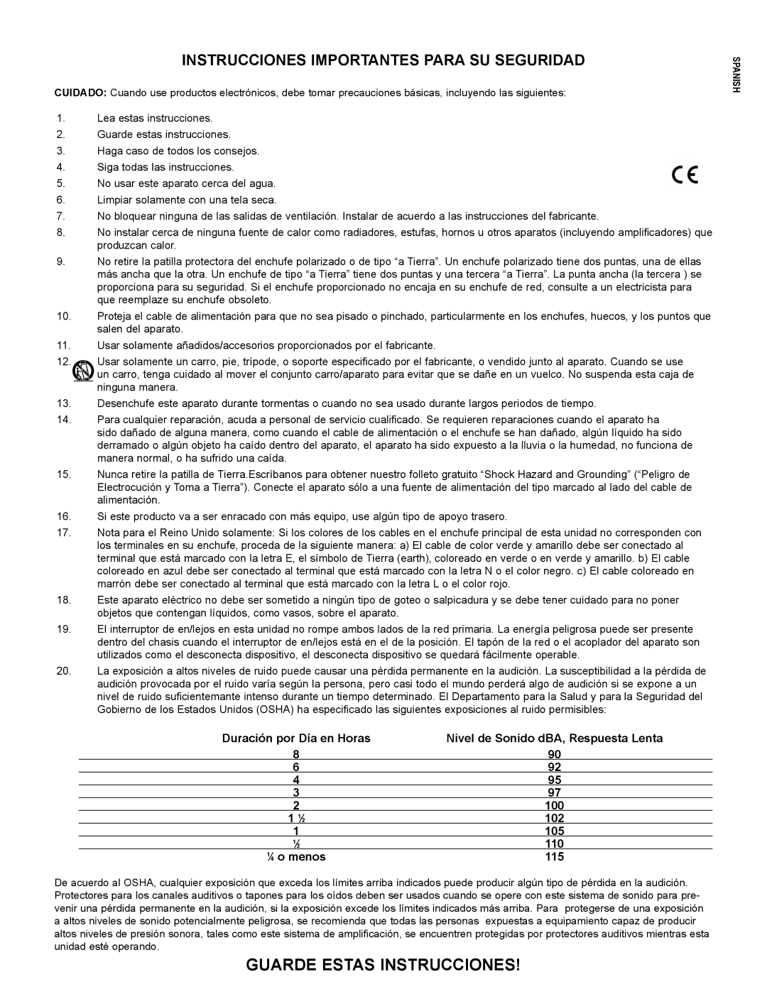 Peavey 35XO manual Instrucciones Importantes Para SU Seguridad, ⁄ 4 o menos 