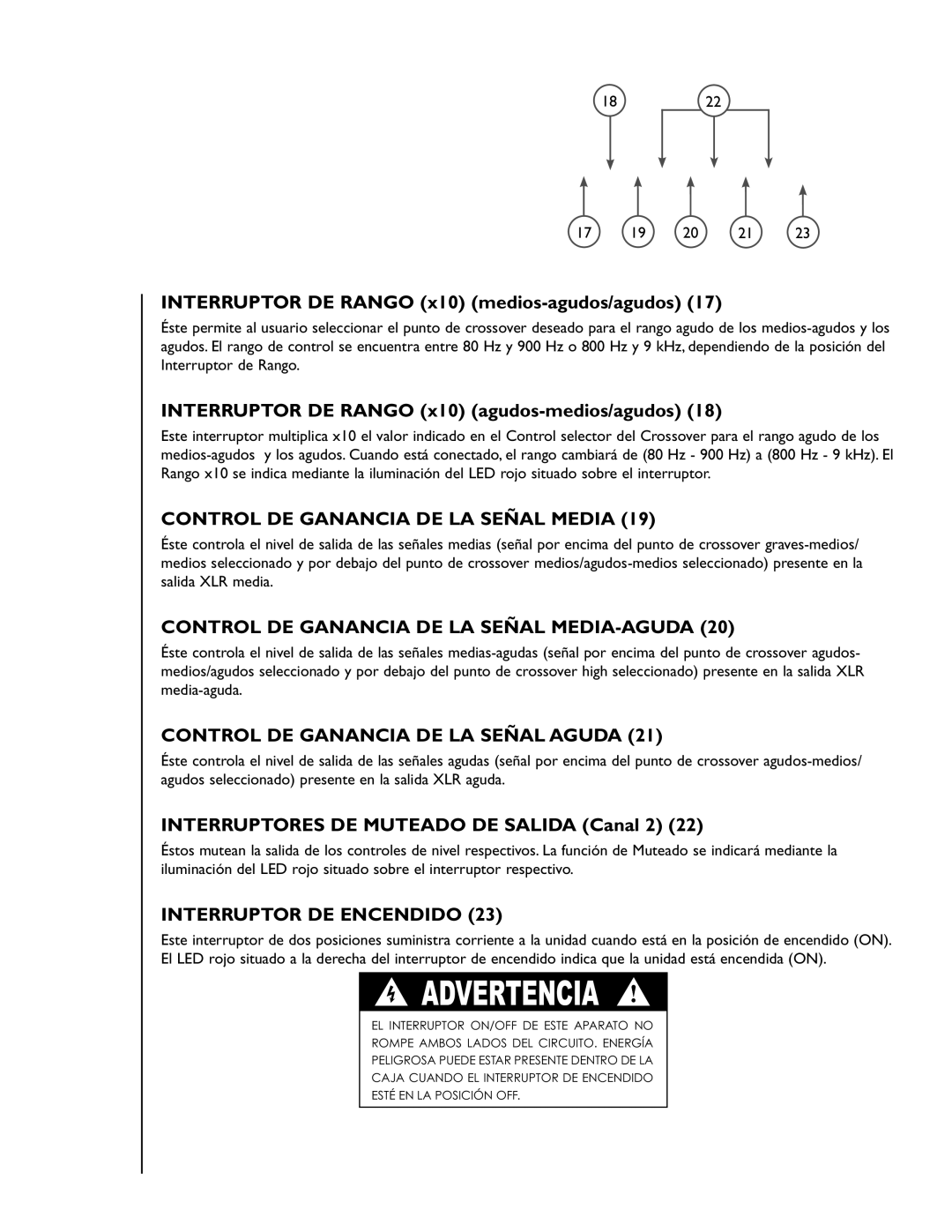 Peavey 35XO manual Interruptor DE Rango x10 medios-agudos/agudos, Interruptor DE Rango x10 agudos-medios/agudos 