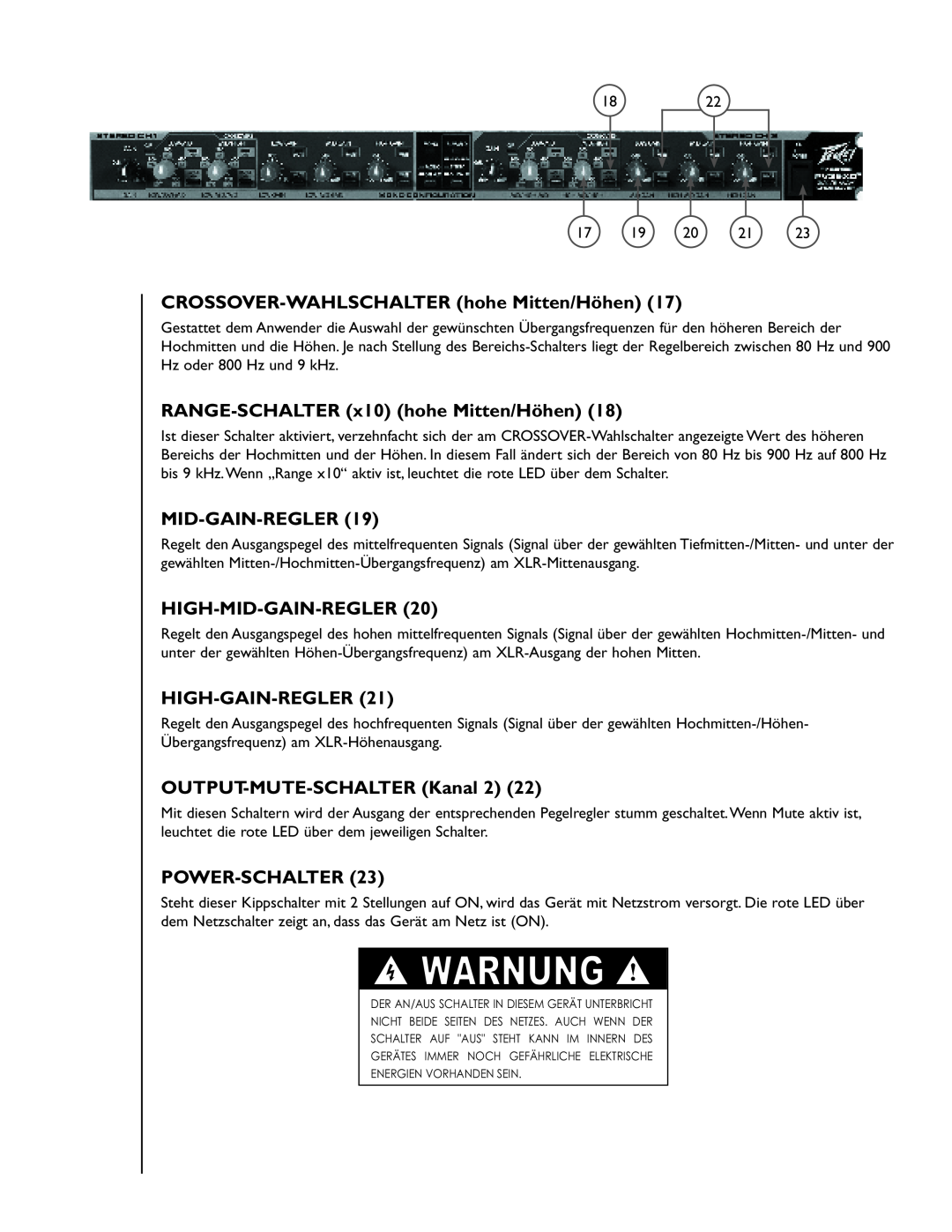 Peavey 35XO manual CROSSOVER-WAHLSCHALTERhohe Mitten/Höhen, RANGE-SCHALTERx10 hohe Mitten/Höhen, MID-GAIN-REGLER19, Warnung 