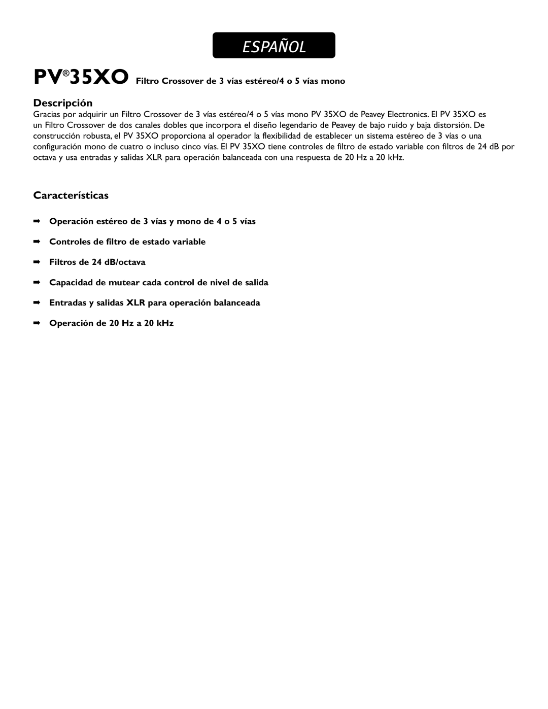 Peavey 35XO manual Español, Descripción, Características, Operación estéreo de 3 vías y mono de 4 o 5 vías 