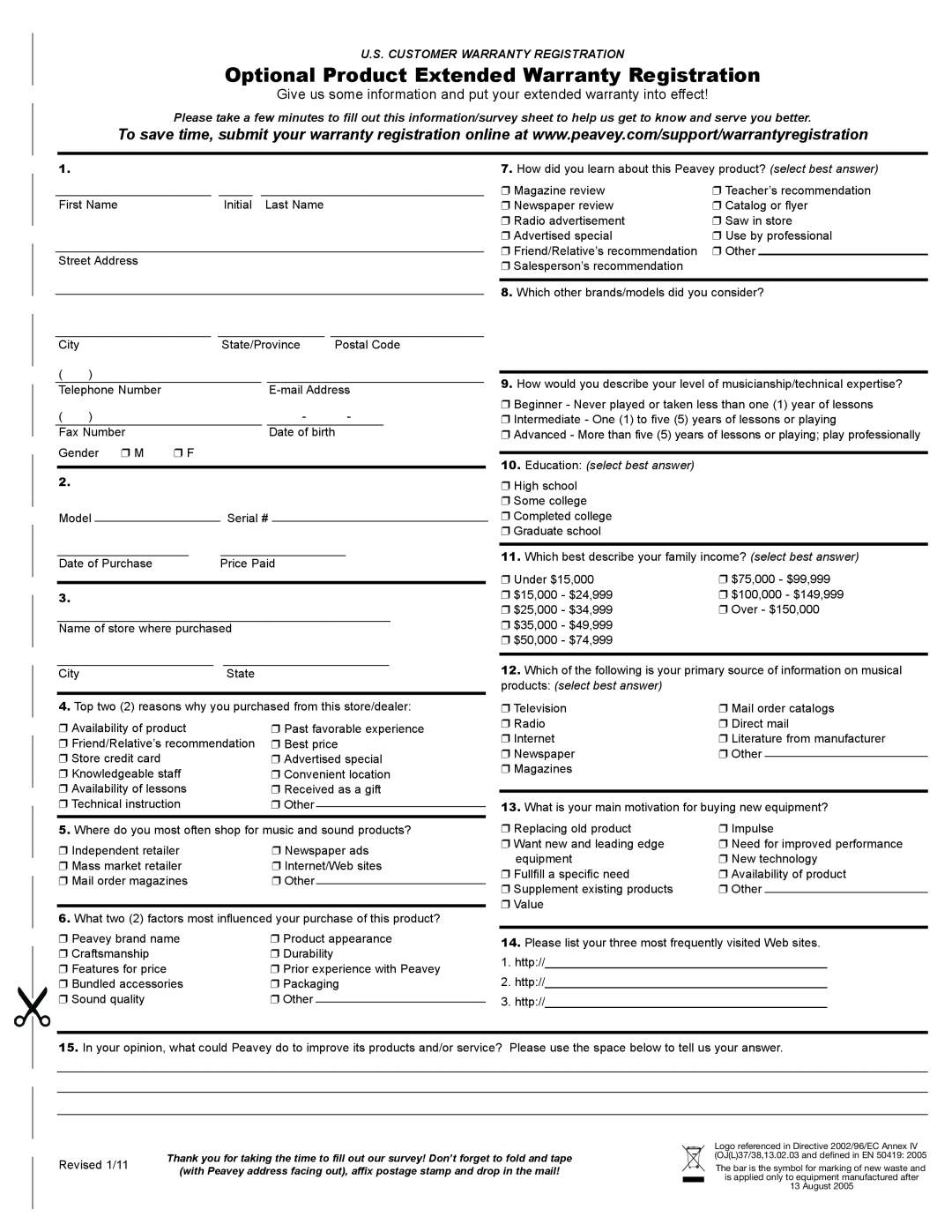 Peavey 35XO manual Optional Product Extended Warranty Registration, U.S. Customer Warranty Registration, Revised 1/11 