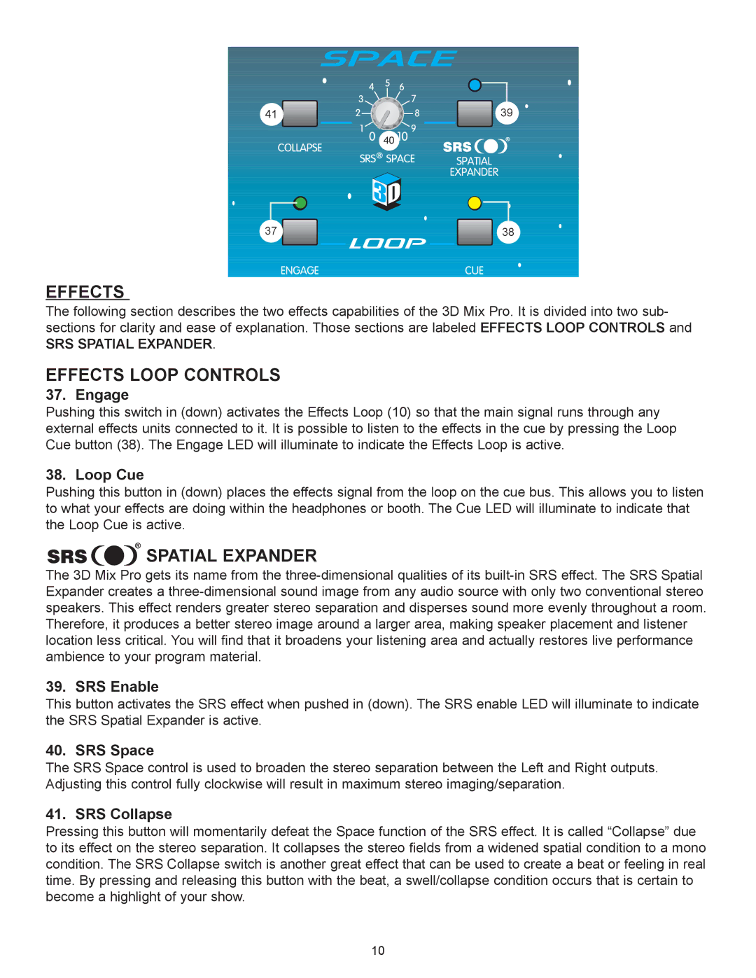 Peavey 3D Mix Pro manual Effects Loop Controls, Spatial Expander 