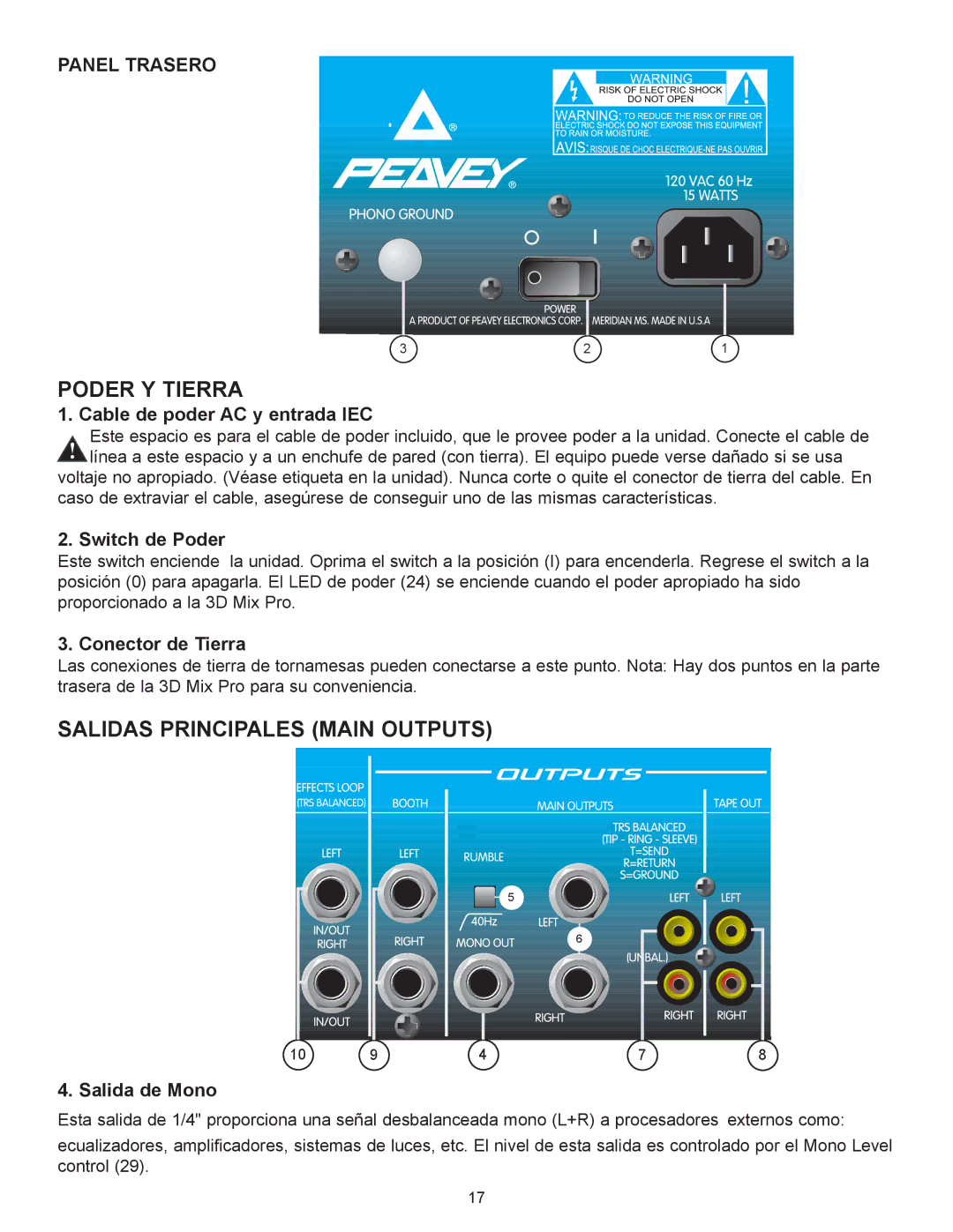 Peavey 3D Mix Pro manual Poder Y Tierra, Salidas Principales Main Outputs 