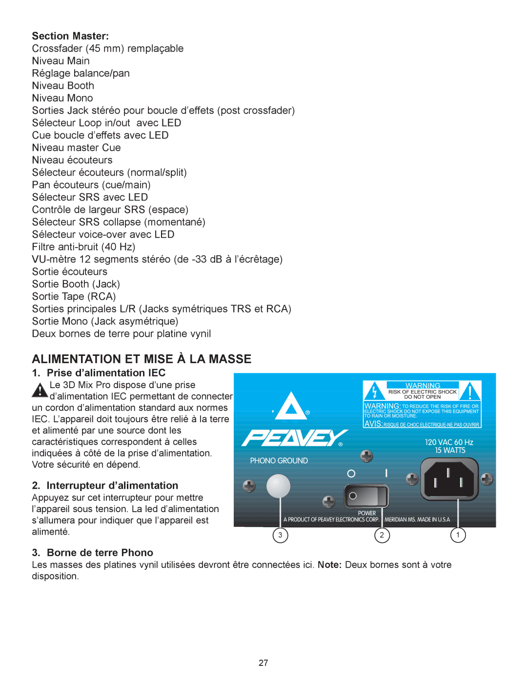 Peavey 3D Mix Pro Alimentation ET Mise Ë LA Masse, Section Master, Prise dÕalimentation IEC, Interrupteur dÕalimentation 