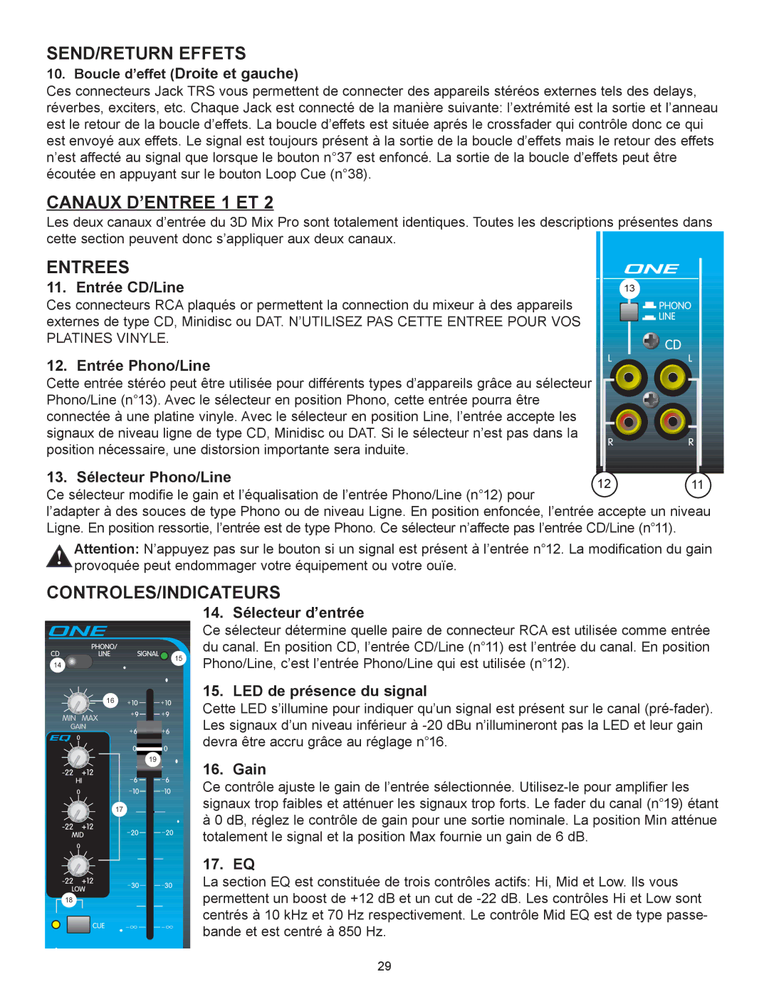 Peavey 3D Mix Pro manual SEND/RETURN Effets, Canaux Dõentree 1 ET, Entrees, Controles/Indicateurs 