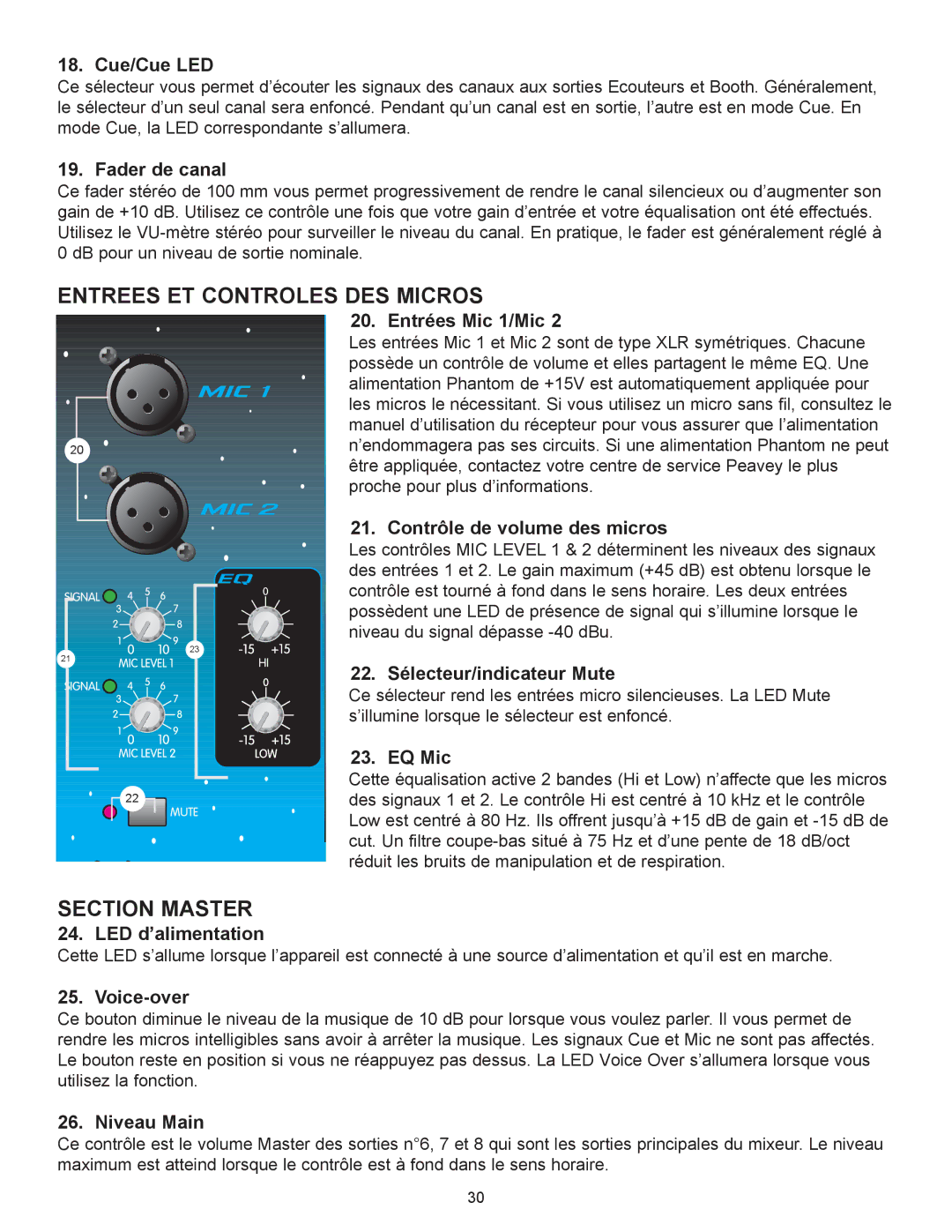 Peavey 3D Mix Pro manual Entrees ET Controles DES Micros, Section Master 