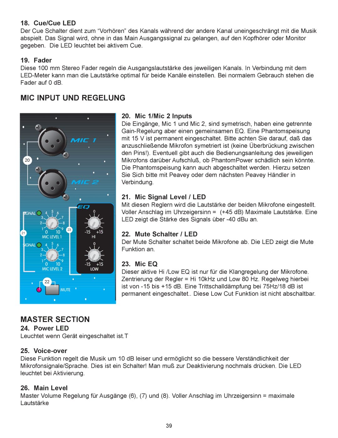 Peavey 3D Mix Pro manual MIC Input UND Regelung, Mic Signal Level / LED, Mute Schalter / LED 