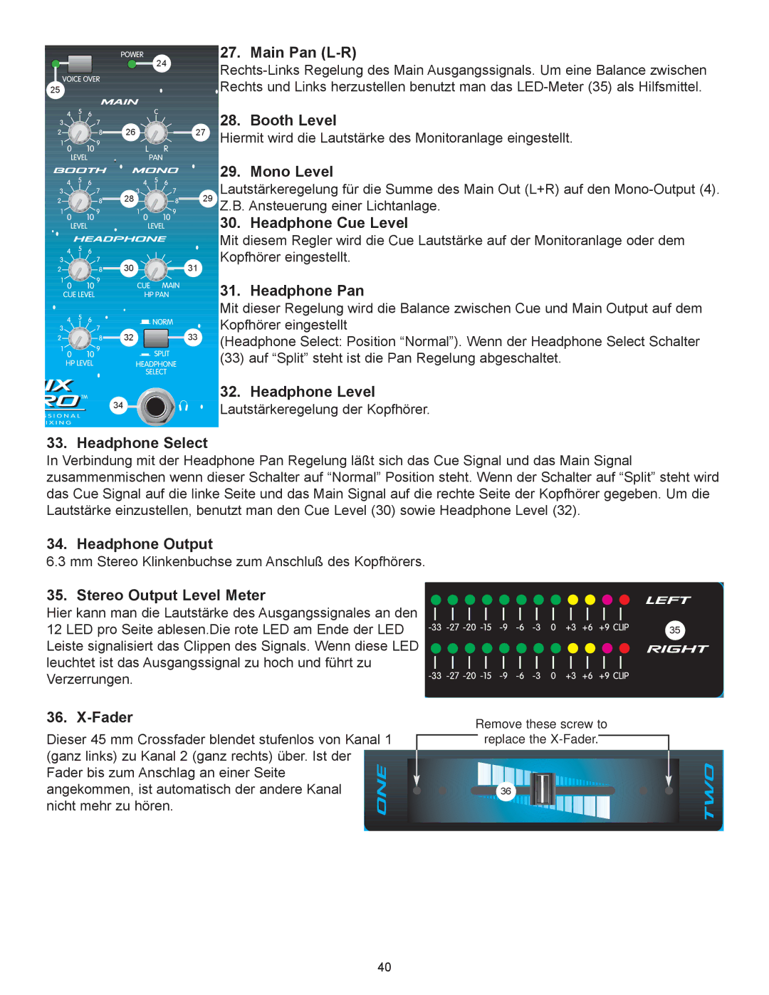 Peavey 3D Mix Pro manual Main Pan L-R, Stereo Output Level Meter 