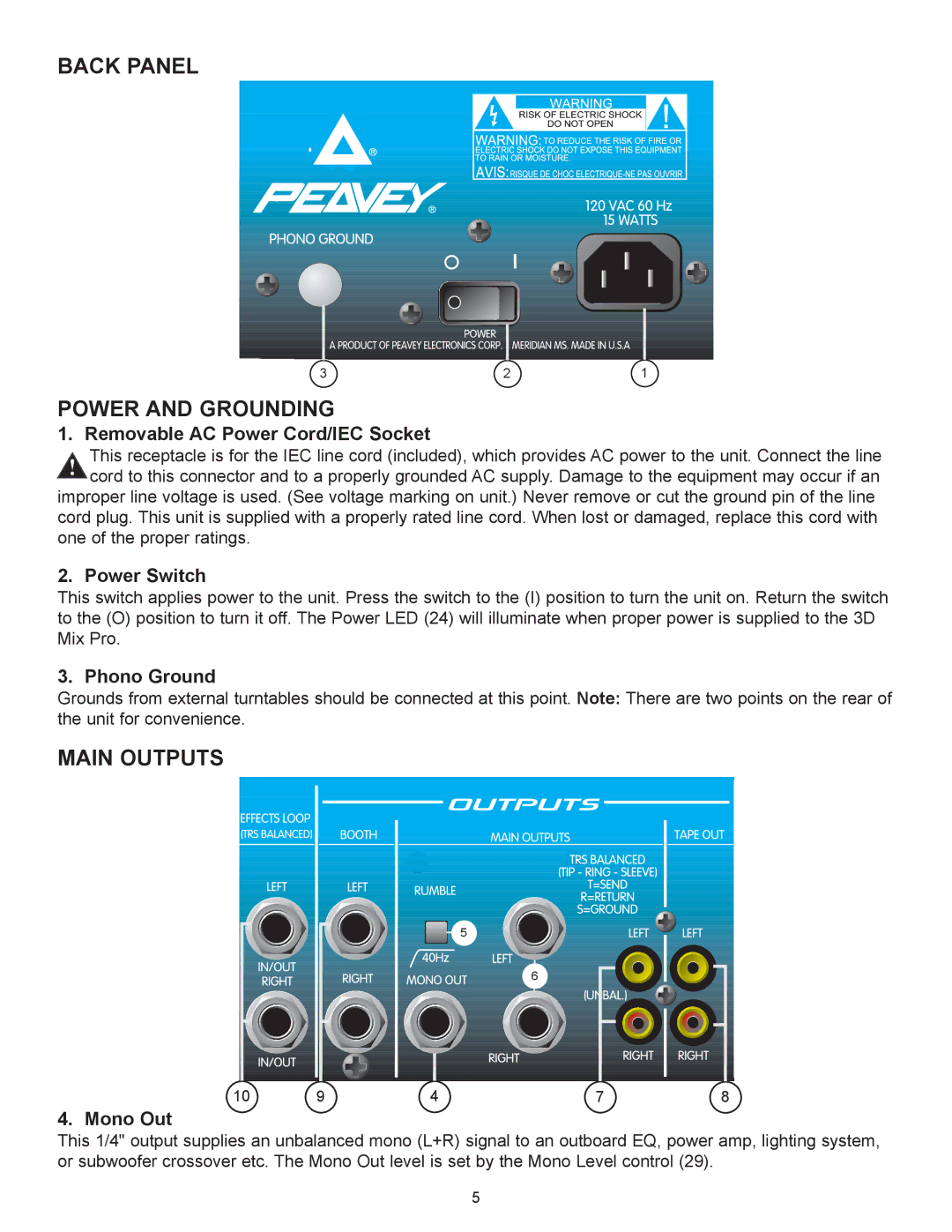 Peavey 3D Mix Pro manual Back Panel Power and Grounding, Main Outputs 