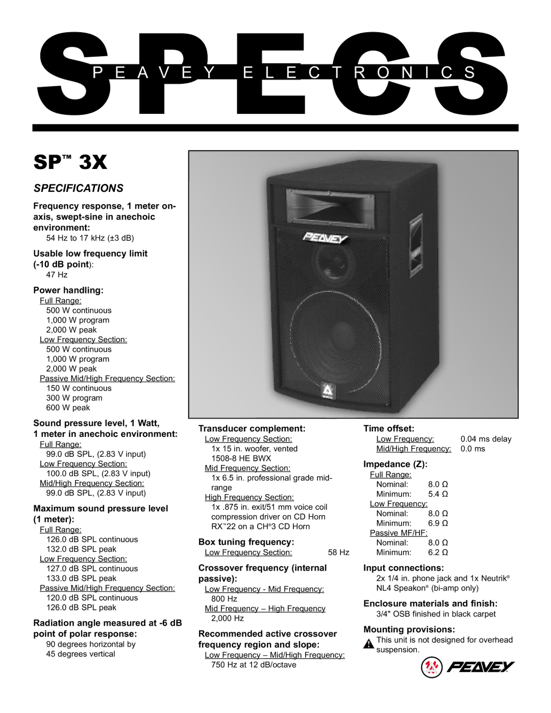 Peavey 3X specifications Usable low frequency limit -10 dB point, Power handling, Maximum sound pressure level 1 meter 