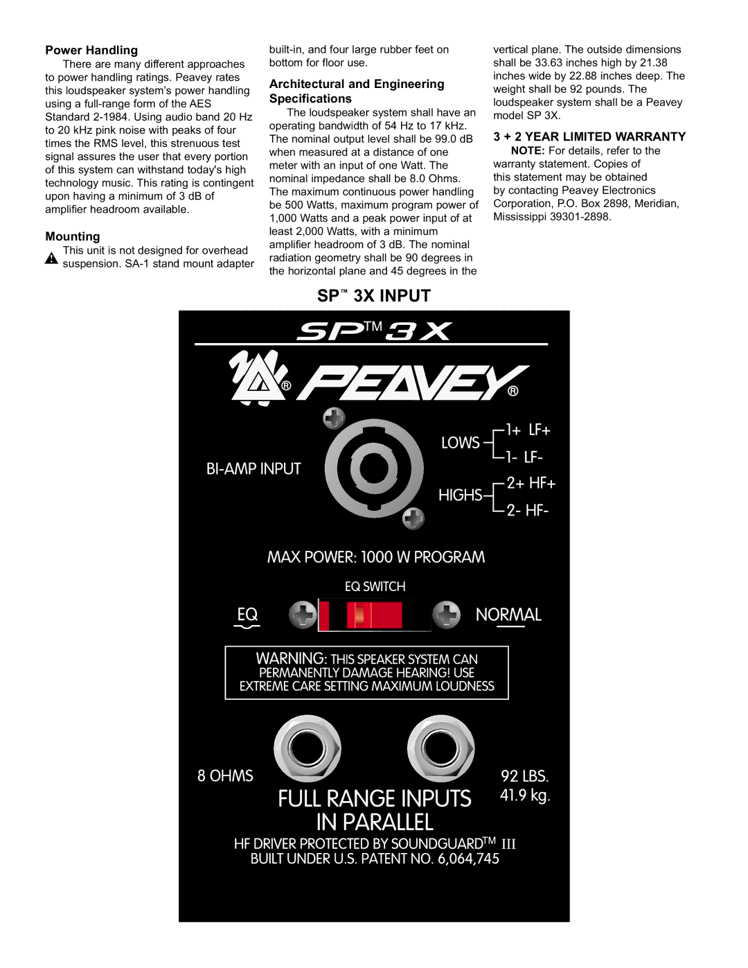 Peavey 3X specifications Mounting, Architectural and Engineering Specifications 