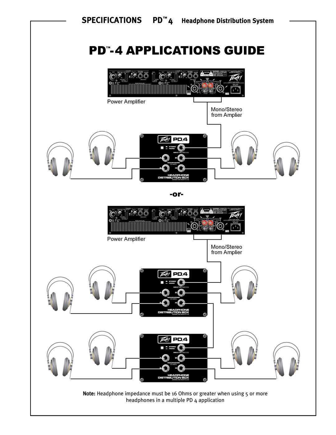 Peavey specifications Headphone Distribution System, PD -4 APPLICATIONS GUIDE, Specifications 