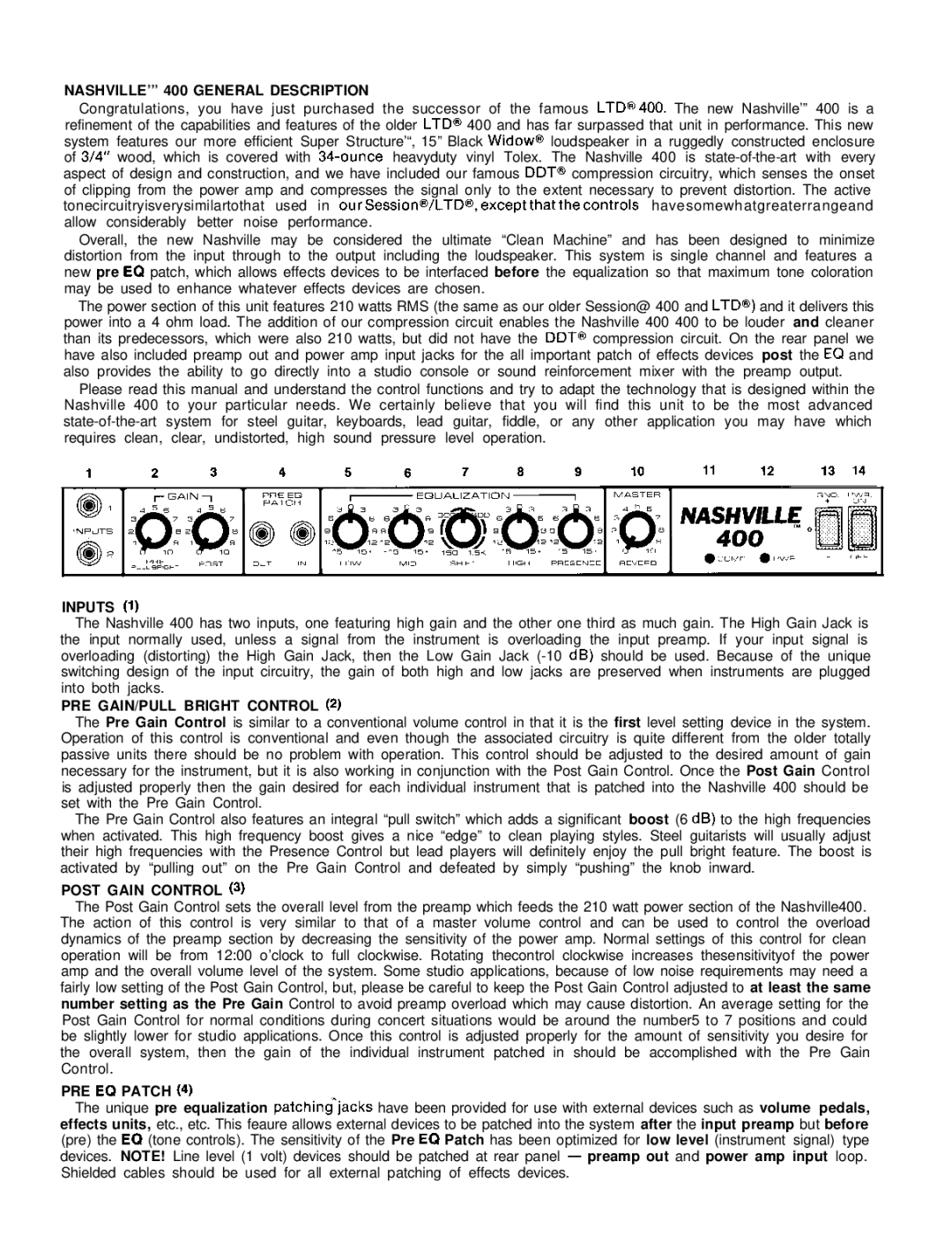 Peavey manual NASHVILLE’ 400 General Description, Inputs, PRE GAIN/PULL Bright Control, Post Gain Control, PRE EQ Patch 