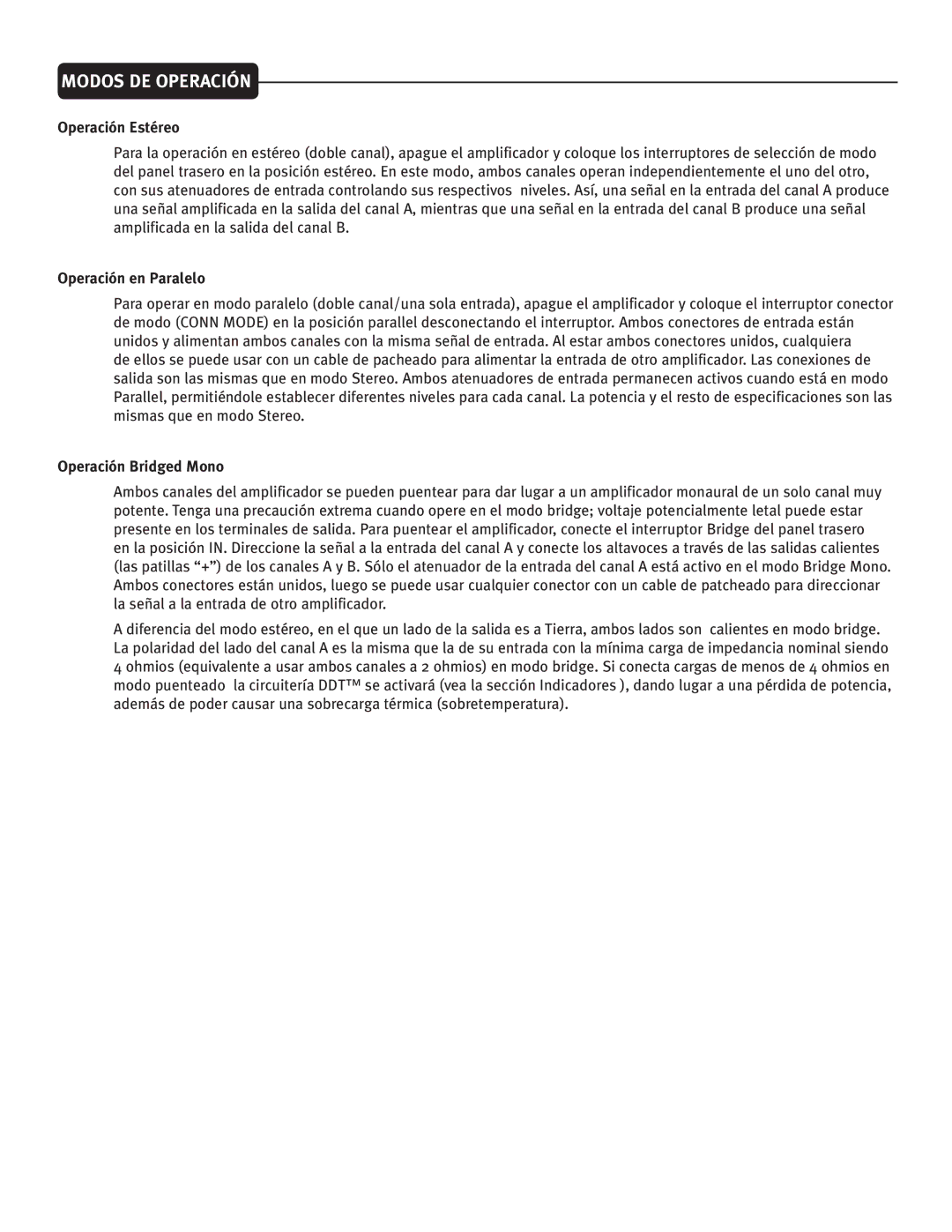 Peavey 4080, 4000, 3000 owner manual Modos DE Operación, Operación Estéreo, Operación en Paralelo, Operación Bridged Mono 