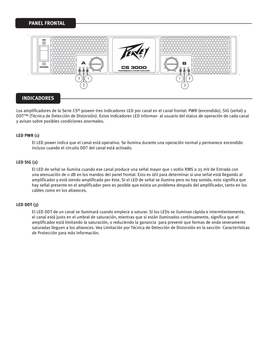 Peavey 3000, 4000, 4080 owner manual Panel Frontal Indicadores, Led Pwr, Led Sig, Led Ddt 