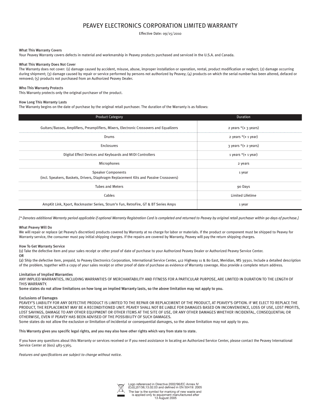 Peavey 4000, 3000, 4080 owner manual Peavey Electronics Corporation Limited Warranty 