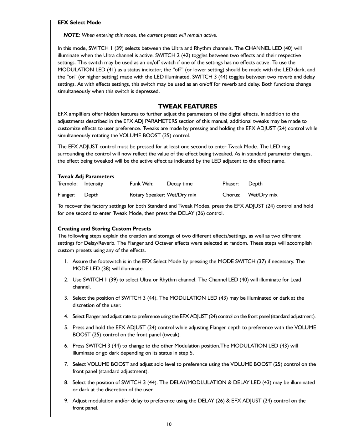 Peavey 40/EFX owner manual EFX Select Mode, Tweak Adj Parameters, Creating and Storing Custom Presets 