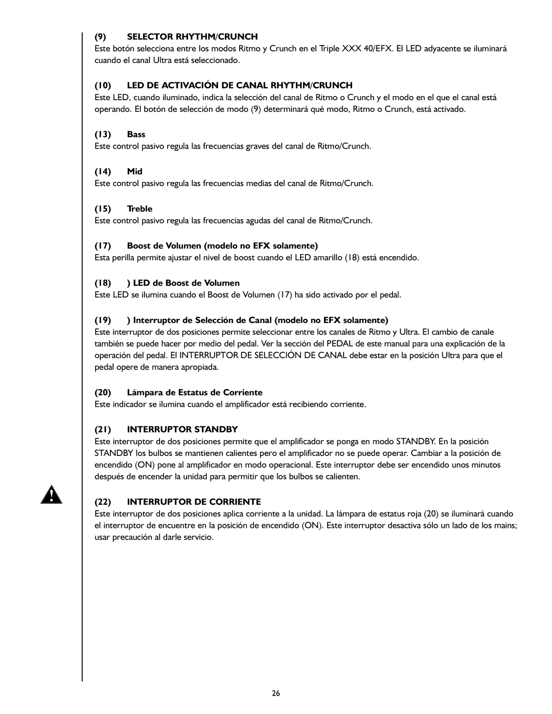 Peavey 40/EFX owner manual Selector RHYTHM/CRUNCH, LED DE Activación DE Canal RHYTHM/CRUNCH, Interruptor Standby 