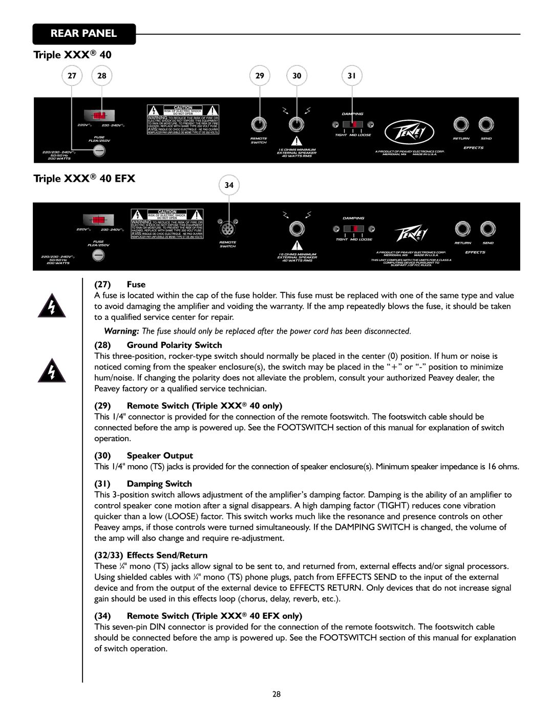 Peavey 40/EFX owner manual Rear Panel 