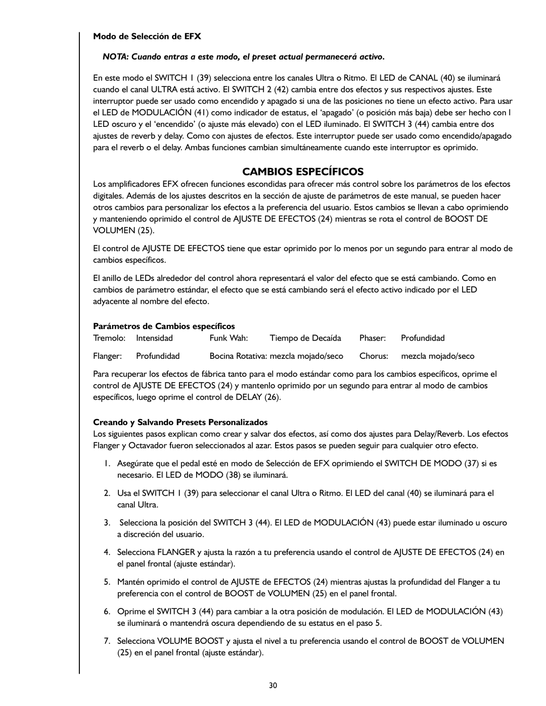 Peavey 40/EFX Modo de Selección de EFX, Parámetros de Cambios específicos, Creando y Salvando Presets Personalizados 