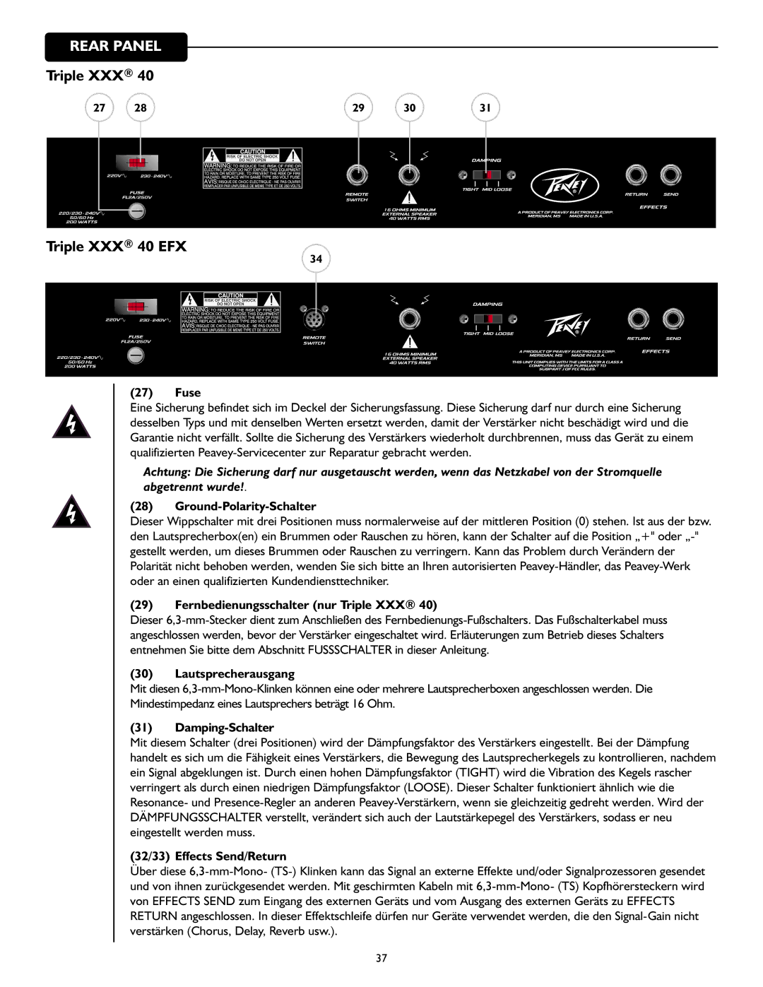 Peavey 40/EFX Ground-Polarity-Schalter, Fernbedienungsschalter nur Triple XXX, Lautsprecherausgang, Damping-Schalter 