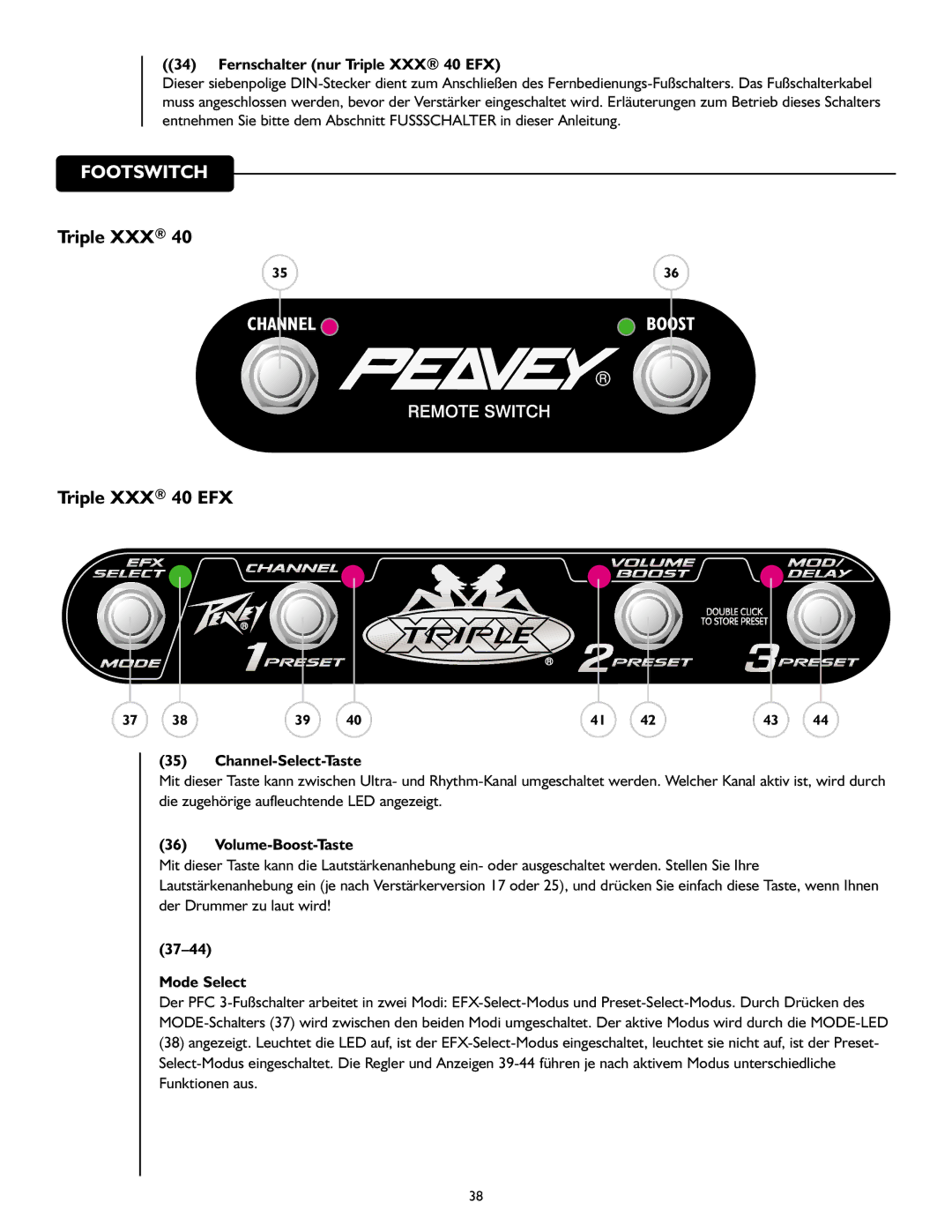 Peavey 40/EFX owner manual Fernschalter nur Triple XXX 40 EFX, Channel-Select-Taste, Volume-Boost-Taste 