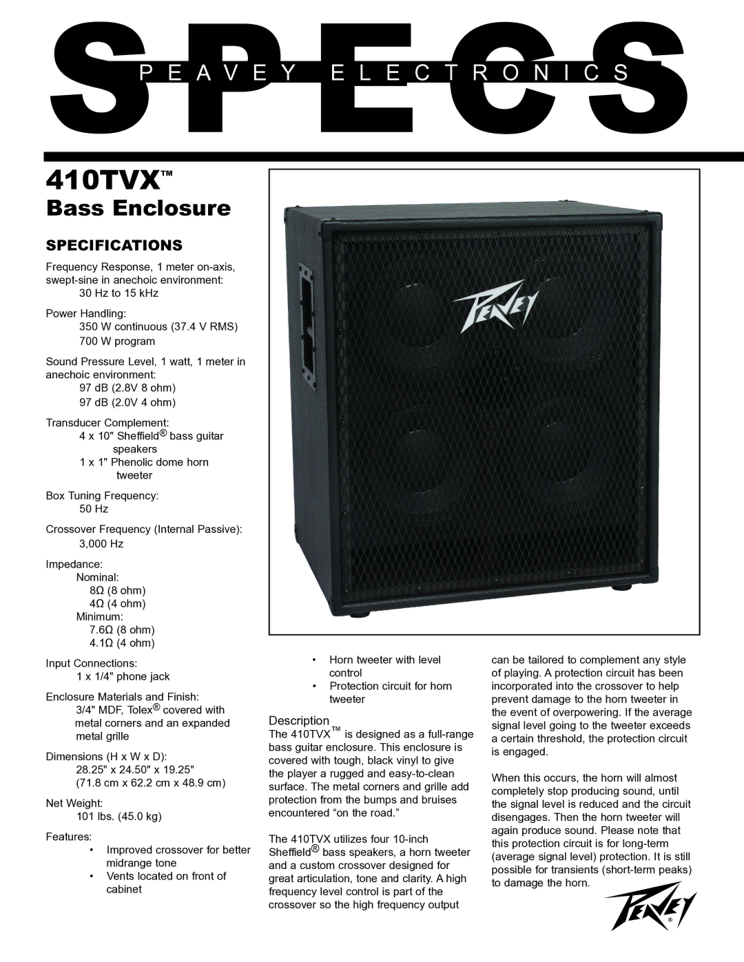 Peavey specifications 410TVXTM, Bass Enclosure, Specifications, Description 