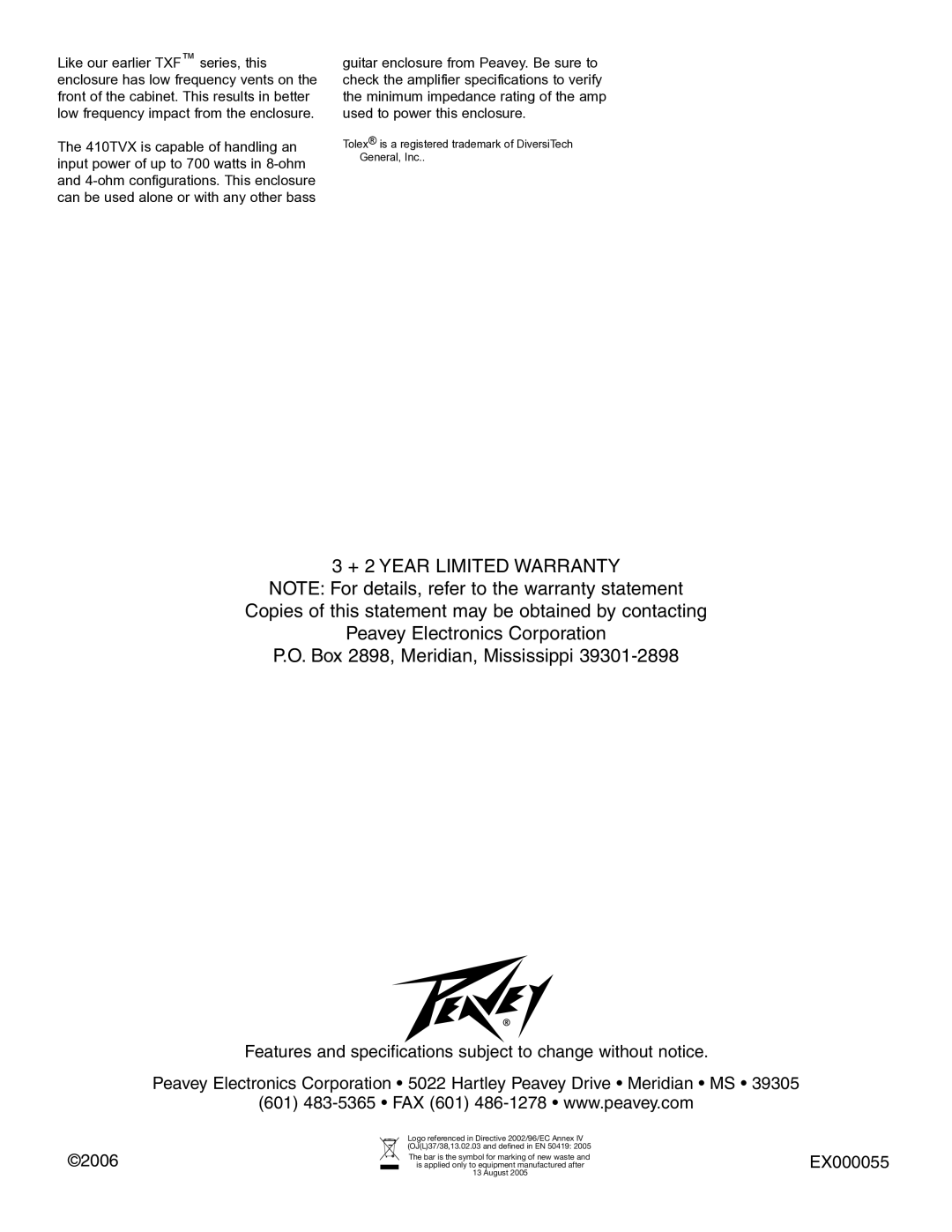 Peavey 410TVX specifications + 2 Year Limited Warranty 