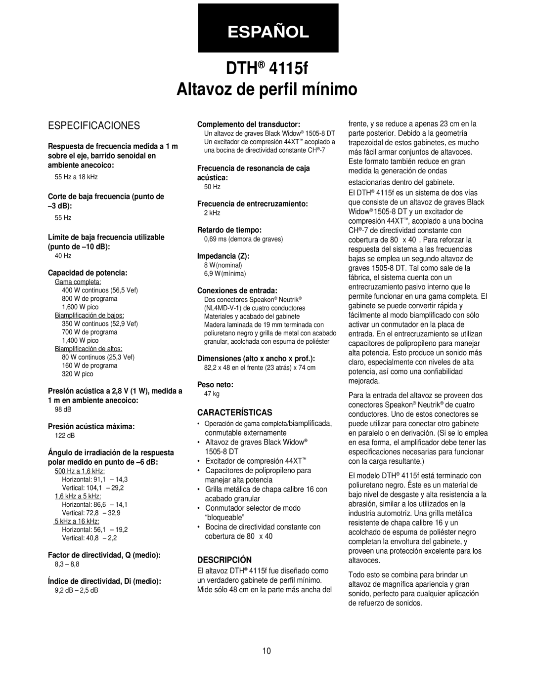 Peavey 4115f specifications Características, Descripción 