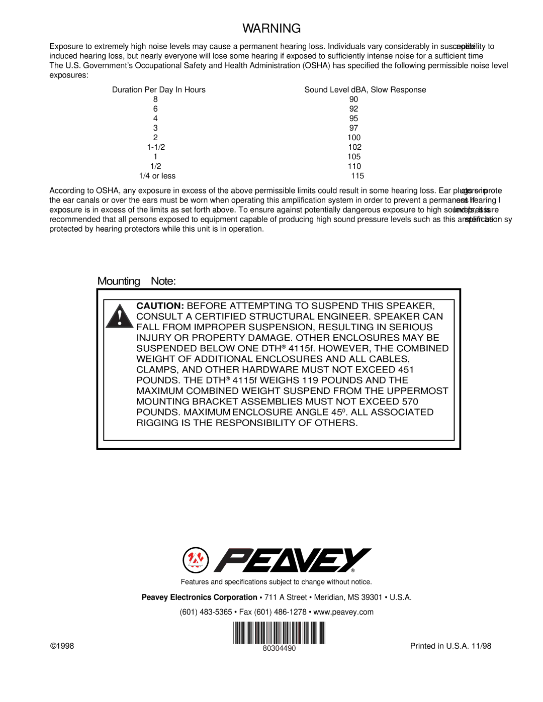 Peavey 4115f specifications Mounting Note 