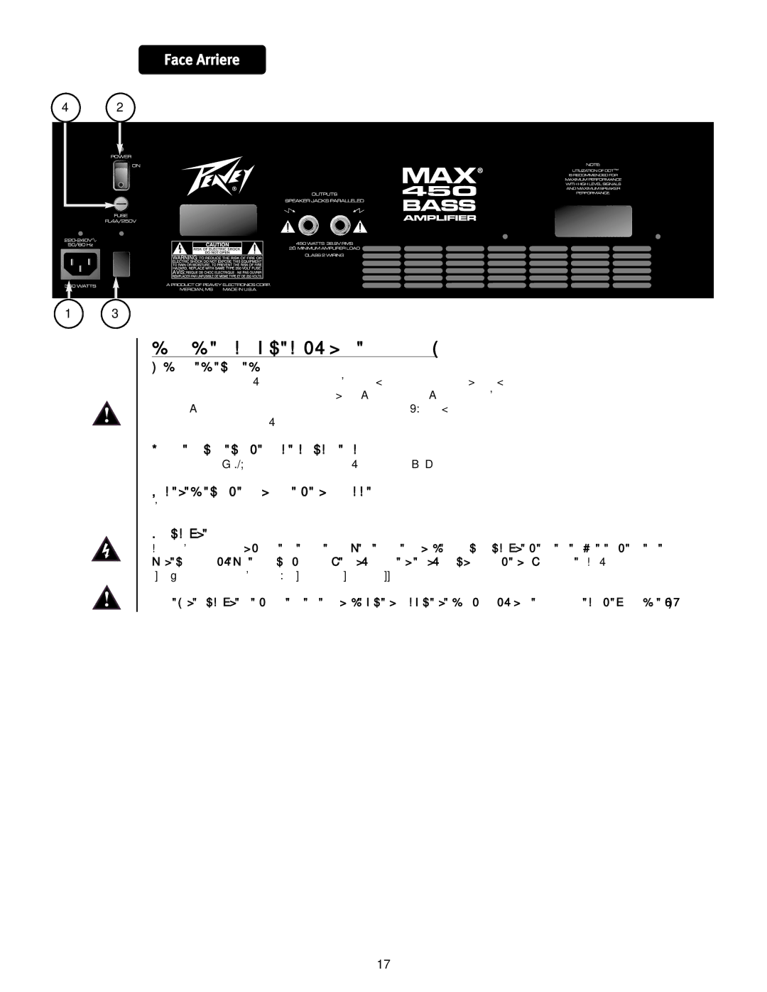 Peavey 450 operation manual Caracteristiques D’ALIMENTATION, Connecteur IEC, Interrupteur DE Mise Sous Tension 