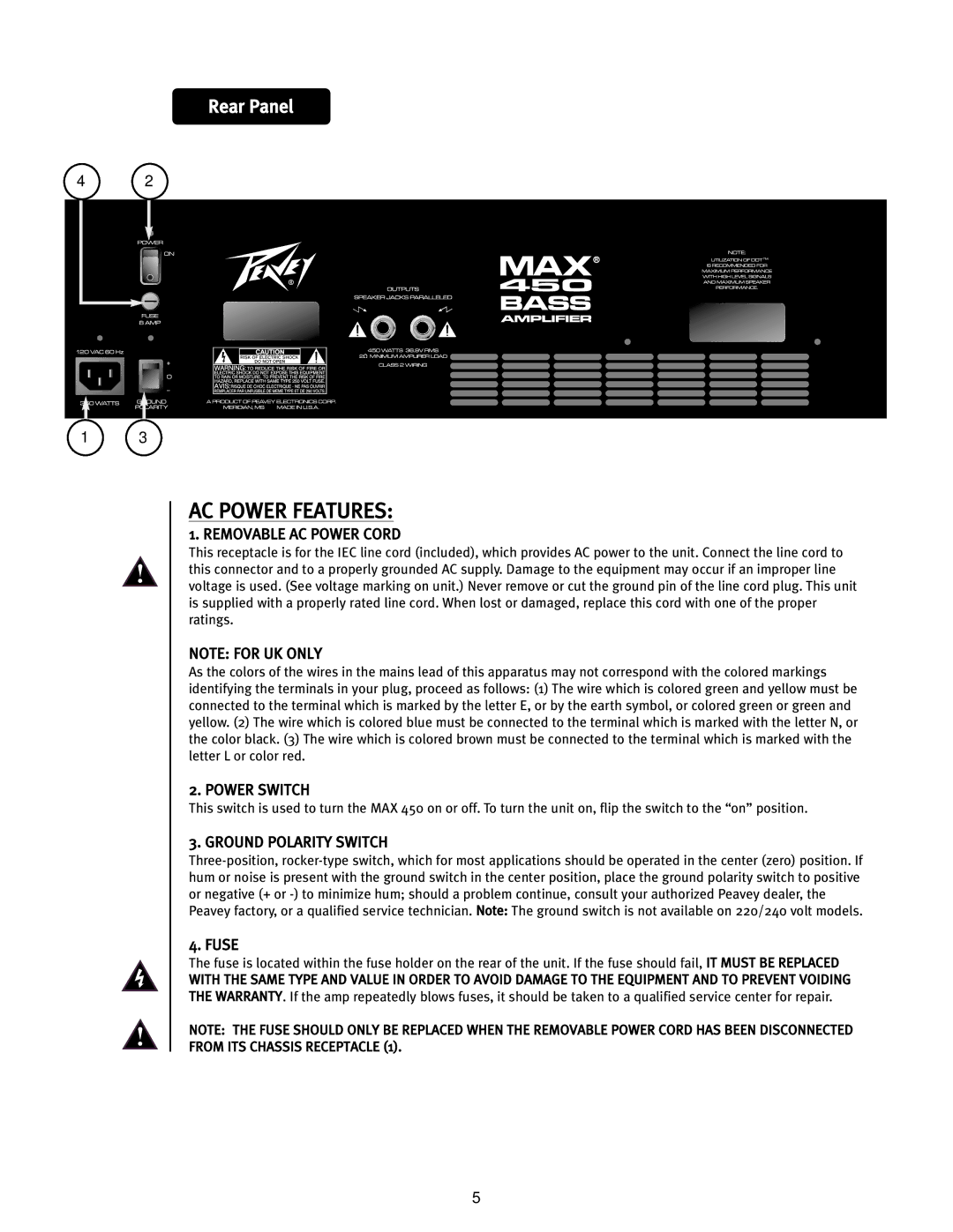 Peavey 450 operation manual AC Power Features, Removable AC Power Cord, Power Switch, Ground Polarity Switch, Fuse 