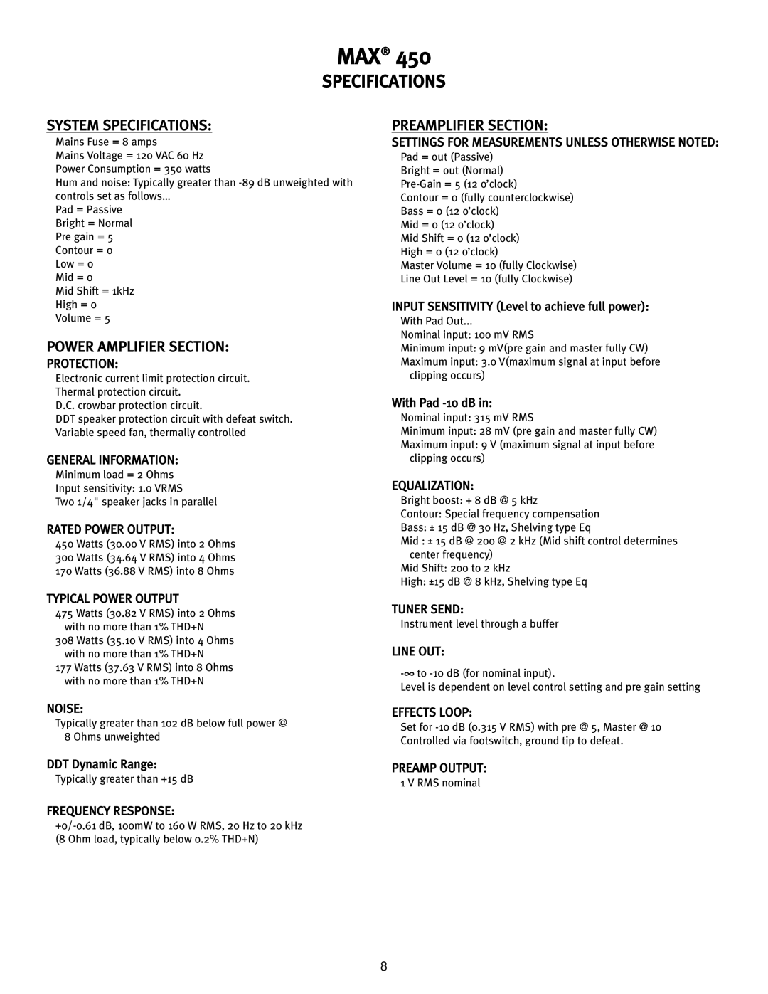 Peavey 450 operation manual System Specifications, Power Amplifier Section, Preamplifier Section 