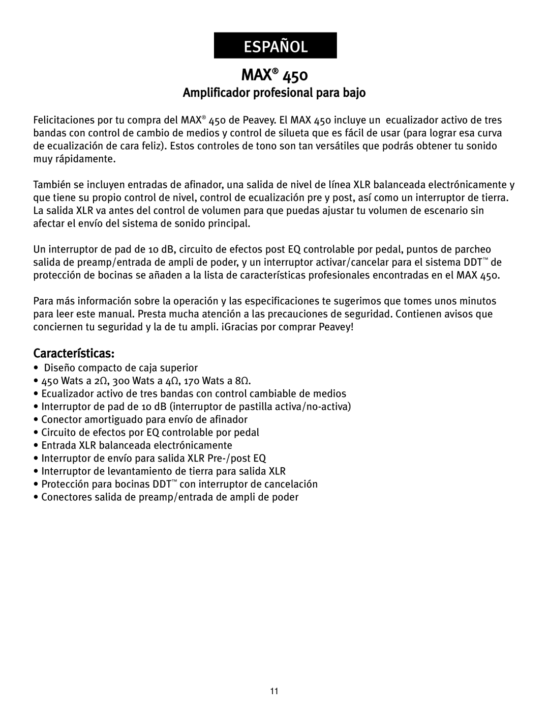 Peavey 450 operation manual Español, Amplificador profesional para bajo, Características 