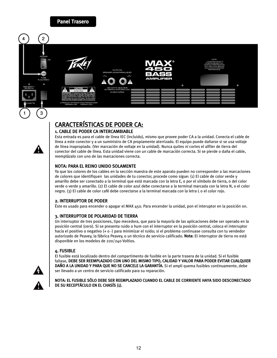 Peavey 450 operation manual Características De Poder Ca, Panel Trasero 