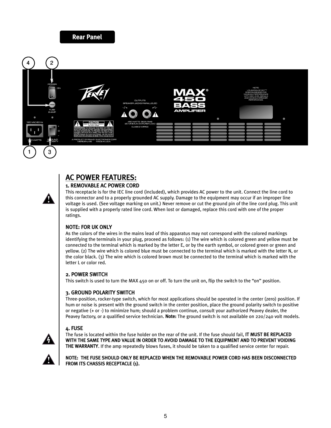 Peavey 450 operation manual Ac Power Features, Rear Panel 