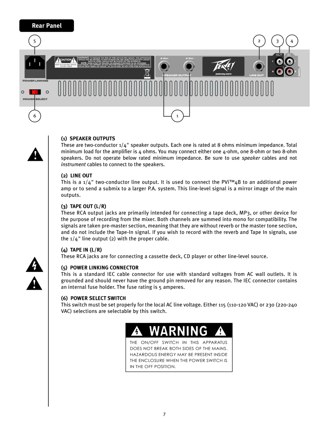 Peavey 4B manual Rear Panel, Speaker Outputs, Line OUT, Power Linking Connector, Power Select Switch 