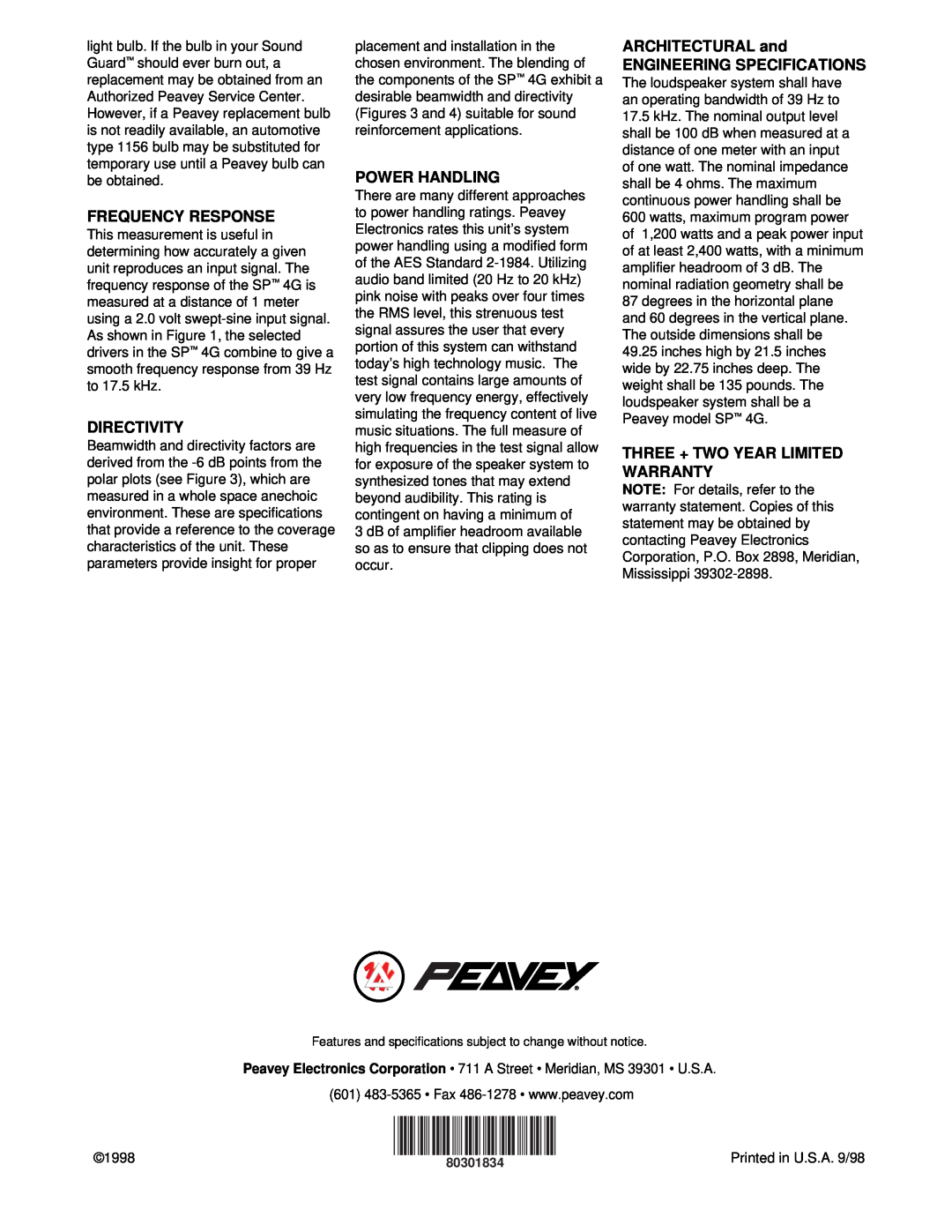 Peavey 4G specifications Frequency Response, Directivity, Power Handling, ARCHITECTURAL and ENGINEERING SPECIFICATIONS 