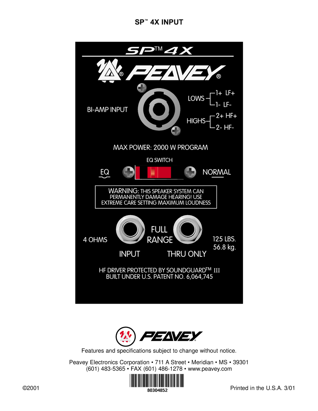 Peavey specifications SP 4X Input 