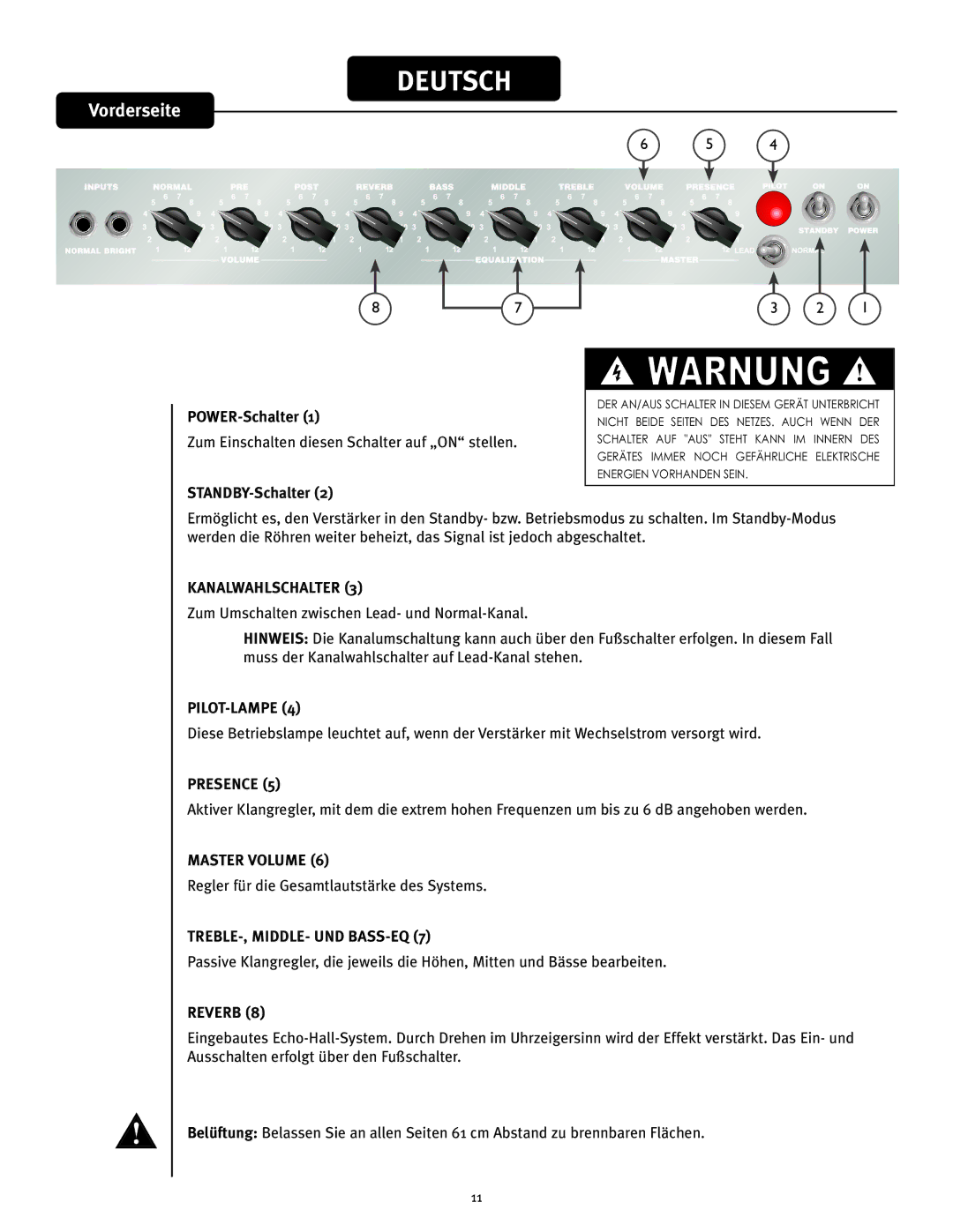 Peavey 50 410, 50 212 manual POWER-Schalter, STANDBY-Schalter, Kanalwahlschalter, Pilot-Lampe, Treble-, Middle- Und Bass-Eq 