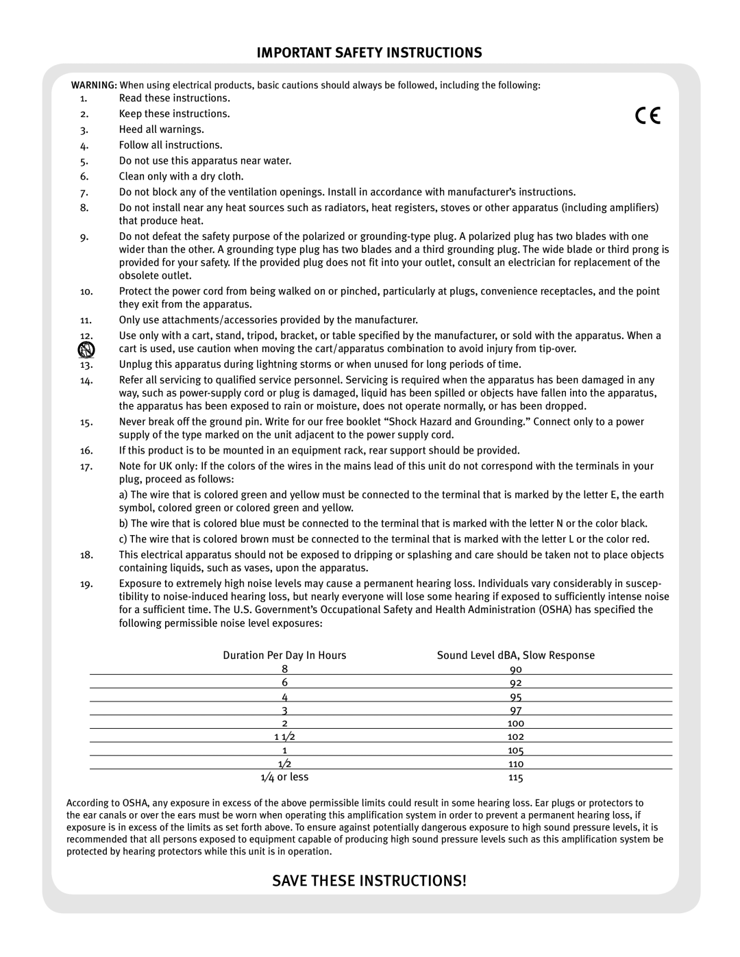 Peavey 50 410, 50 212 manual Important Safety Instructions, Sound Level dBA, Slow Response 