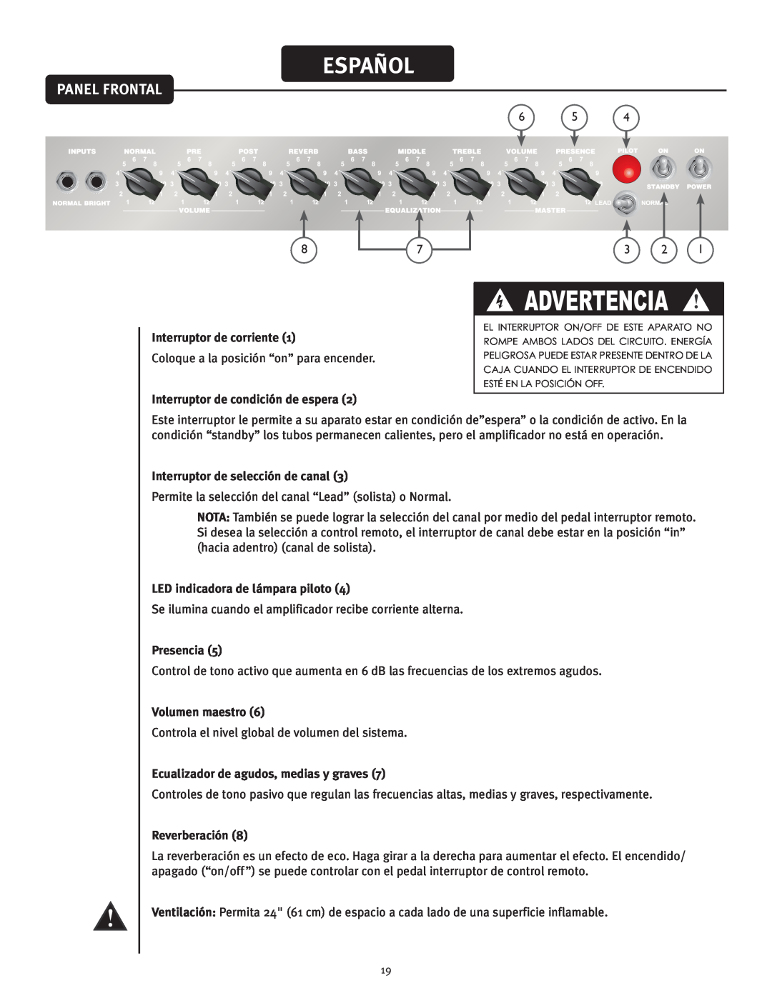 Peavey 50 410 Español, Panel Frontal, Advertencia, Interruptor de corriente, Interruptor de condición de espera, Presencia 
