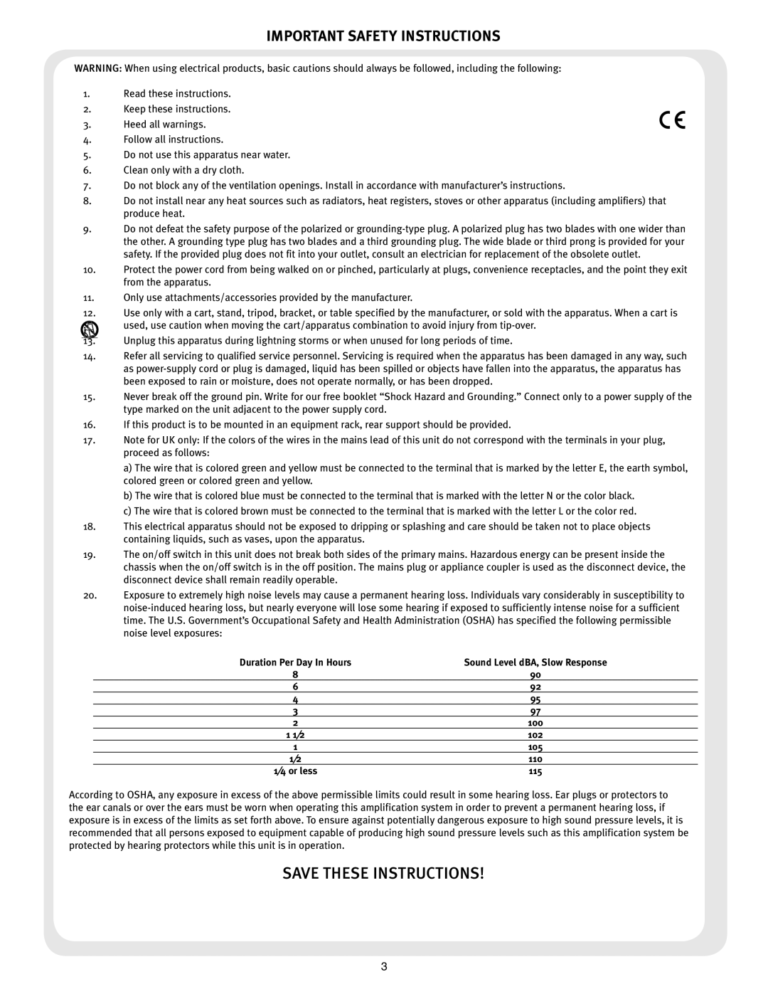 Peavey 50 212 manual Important Safety Instructions, Sound Level dBA, Slow Response 