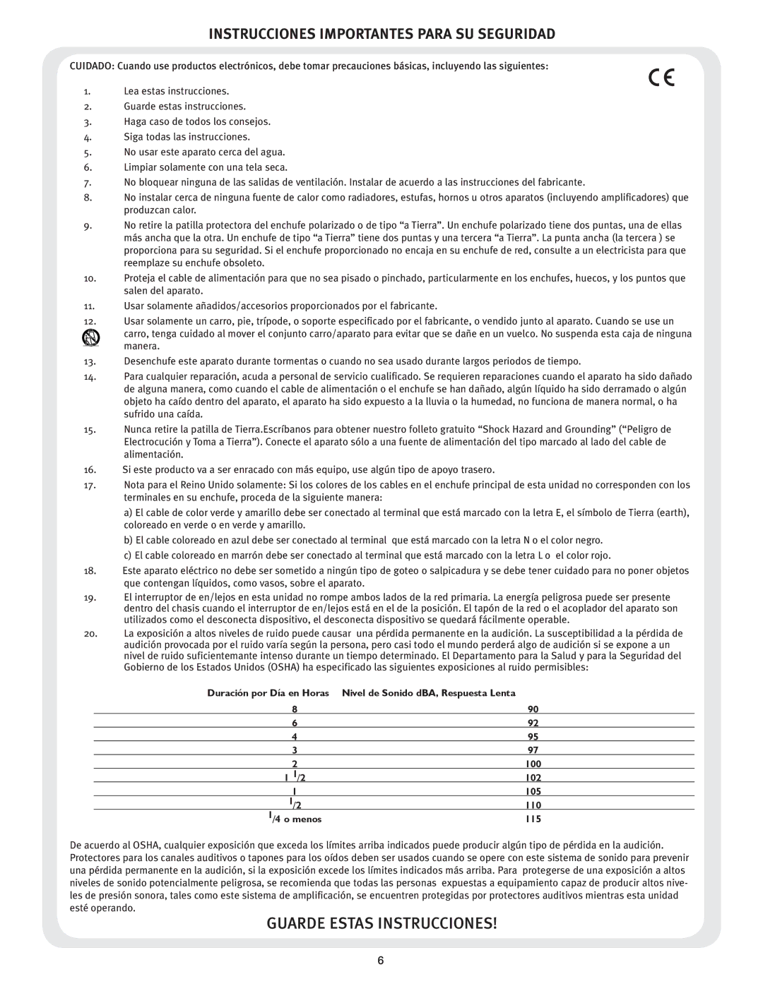 Peavey 50 212 manual Instrucciones Importantes Para SU Seguridad, Menos 