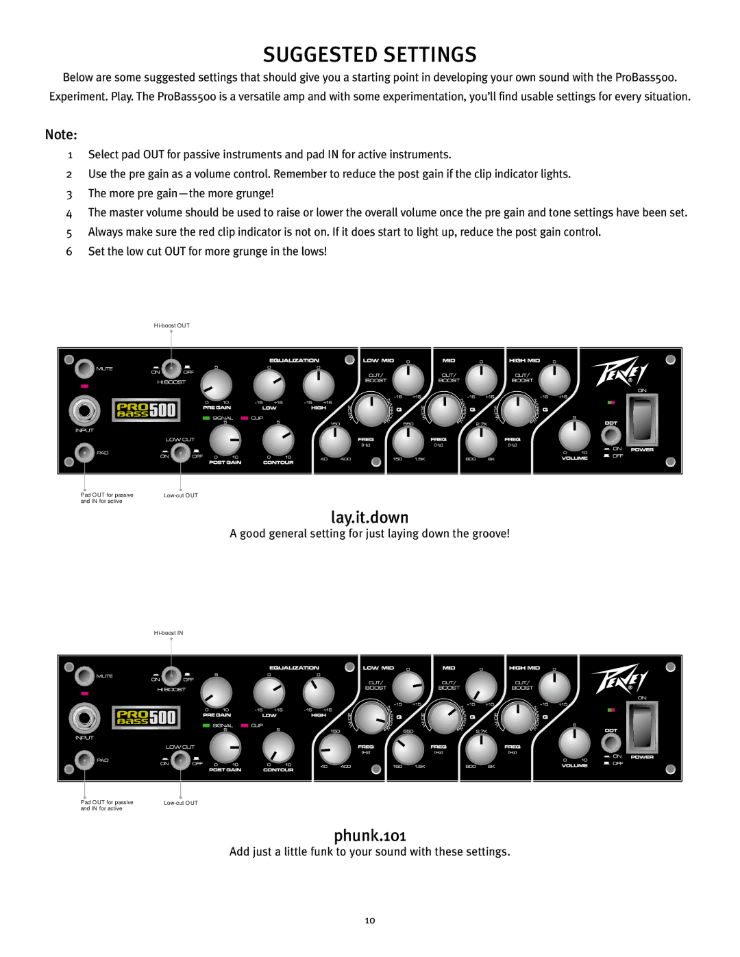 Peavey 500 operation manual Suggested Settings 